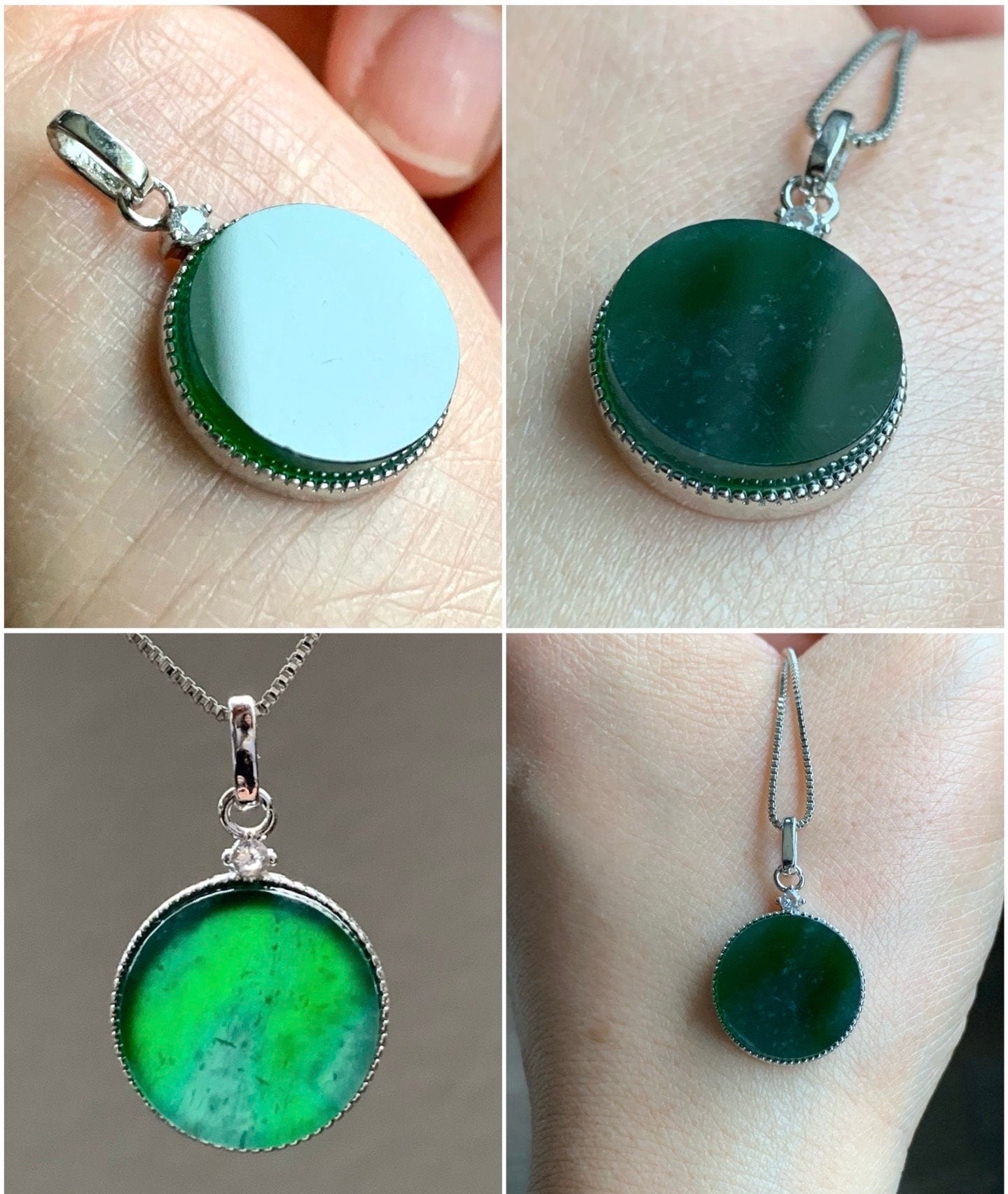 Natural Guatemalan Icy Translation Deep Teal Green Jadeite Round Wu Shi Pai Pendant Sterling Silver 天然冰危湖水绿飘雪花翡翠无事牌镶嵌吊坠