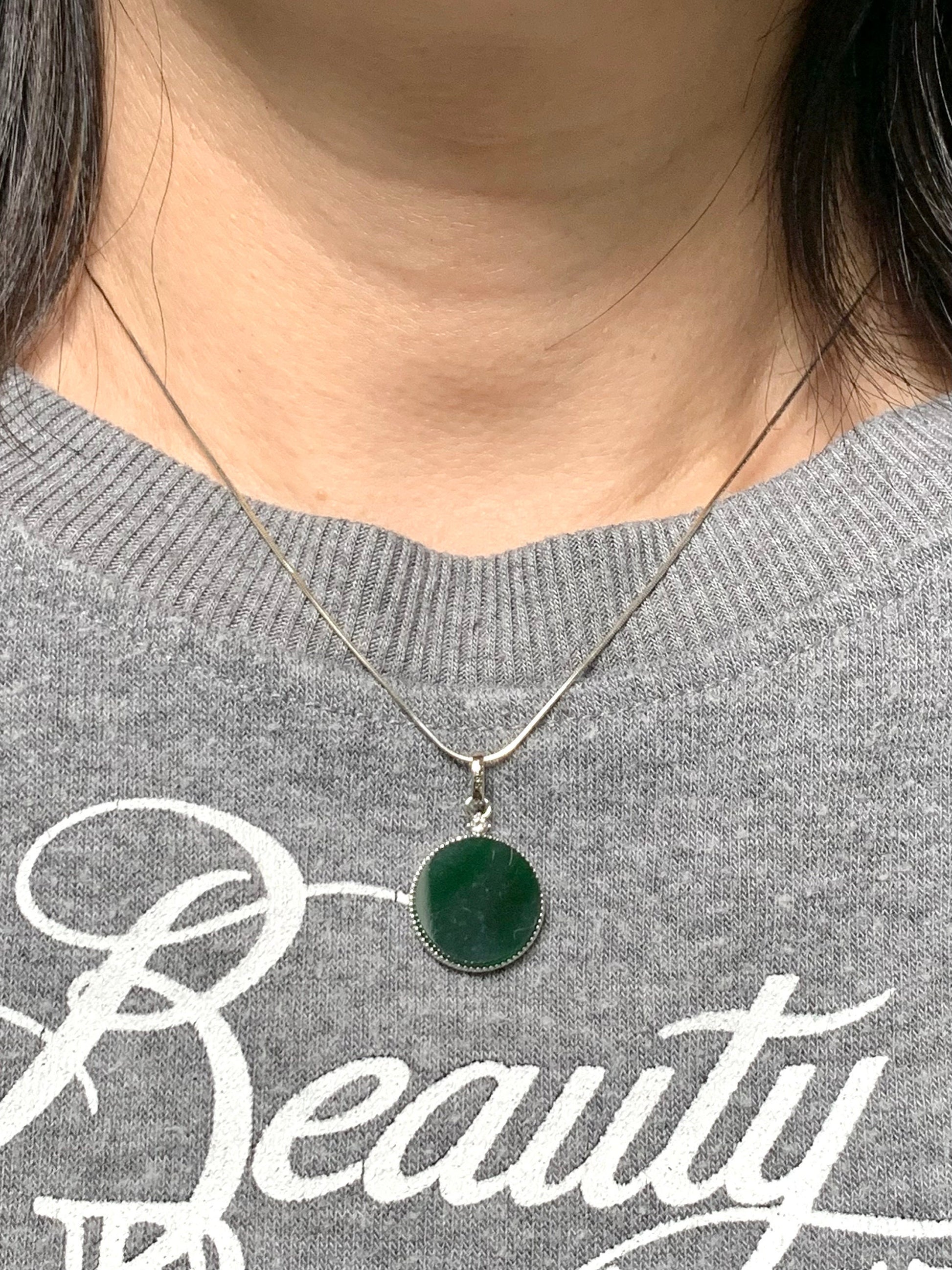 Natural Guatemalan Icy Translation Deep Teal Green Jadeite Round Wu Shi Pai Pendant Sterling Silver 天然冰危湖水绿飘雪花翡翠无事牌镶嵌吊坠