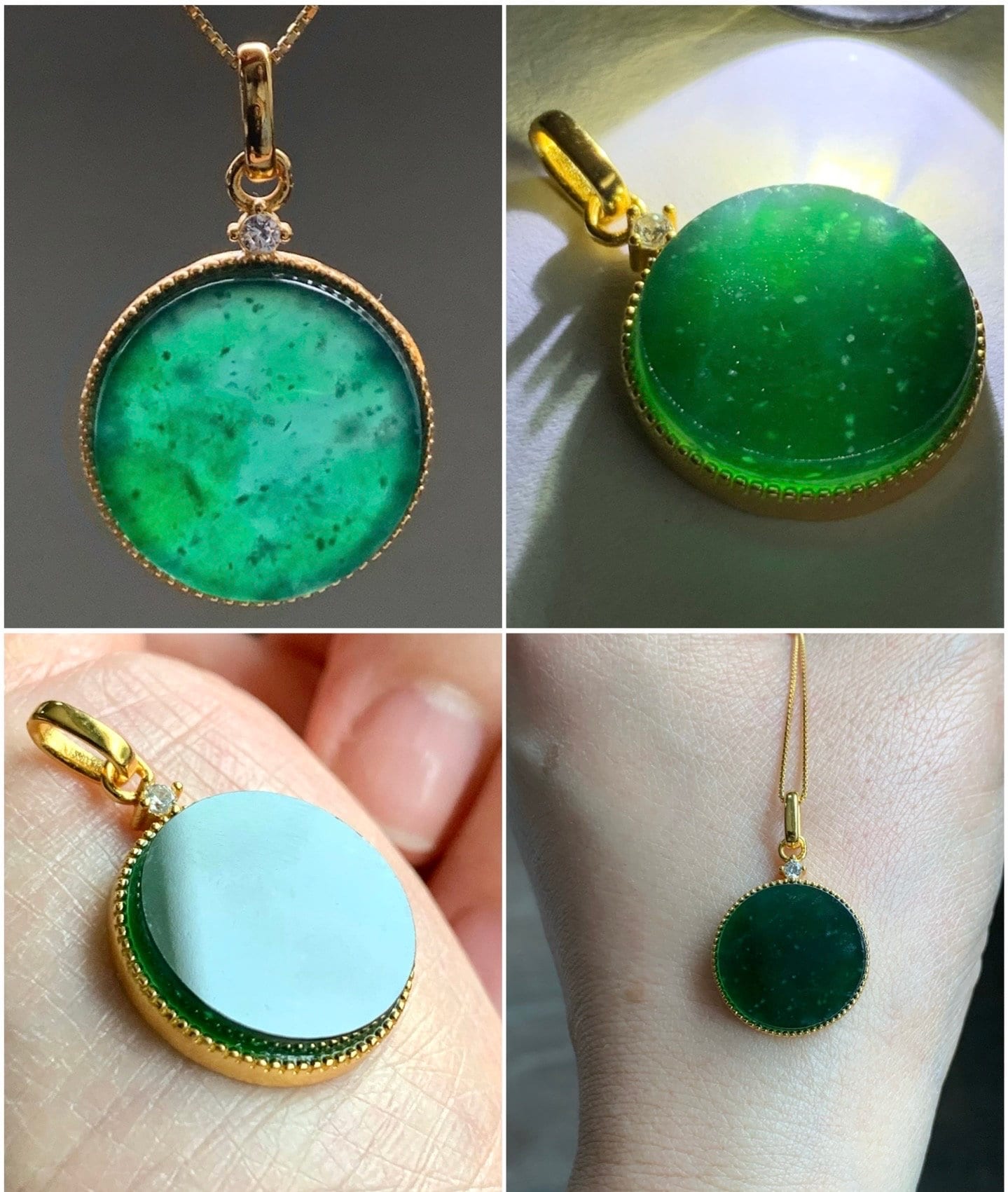 Natural Guatemalan Icy Translation Deep Teal Green Jadeite Round Wu Shi Pai Pendant Sterling Silver Yellow Gold Finish 天然冰危湖水绿飘雪花翡翠无事牌镶嵌吊坠 A