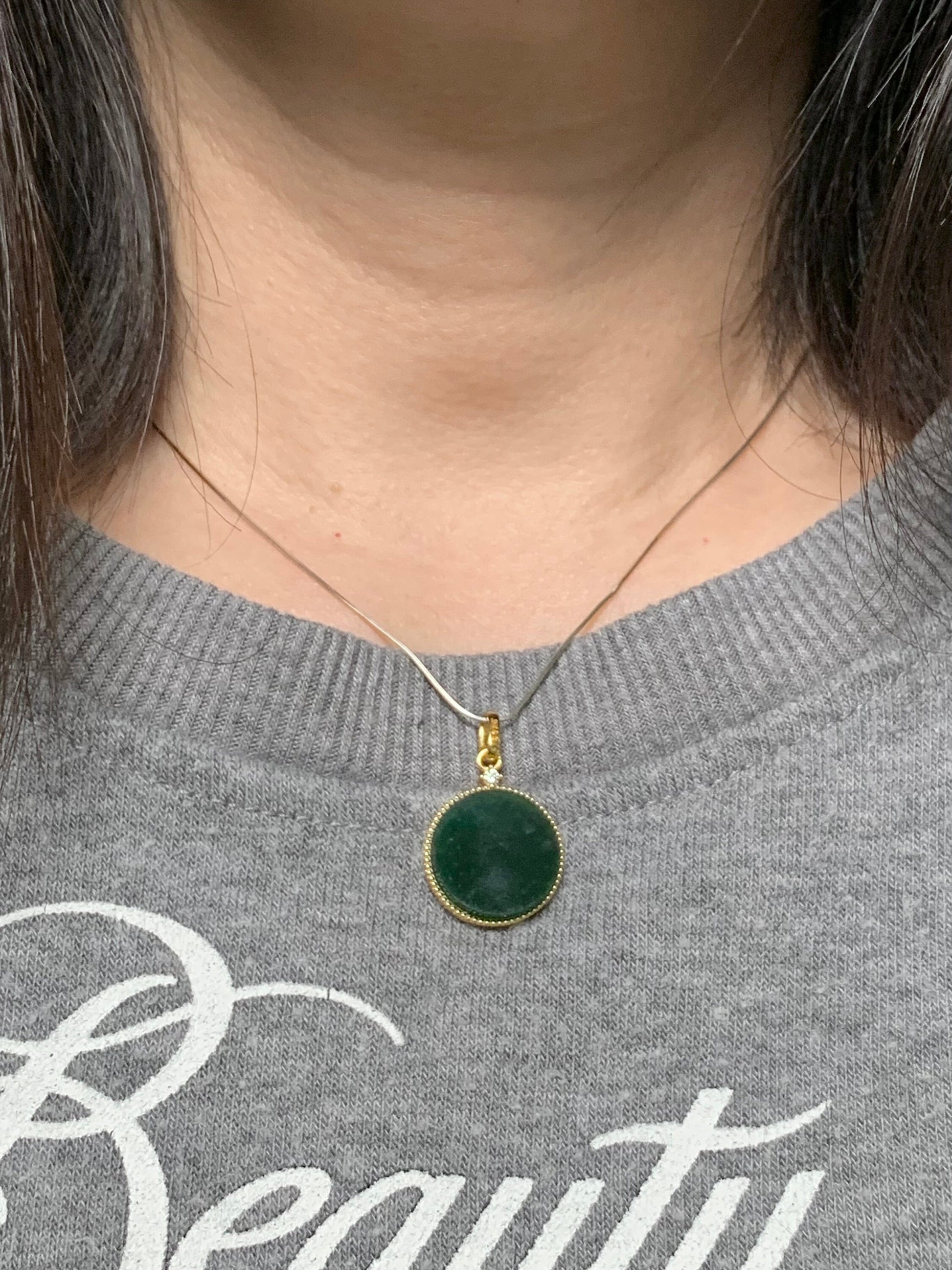 Natural Guatemalan Icy Translation Deep Teal Green Jadeite Round Wu Shi Pai Pendant Sterling Silver Yellow Gold Finish 天然冰危湖水绿飘雪花翡翠无事牌镶嵌吊坠 A