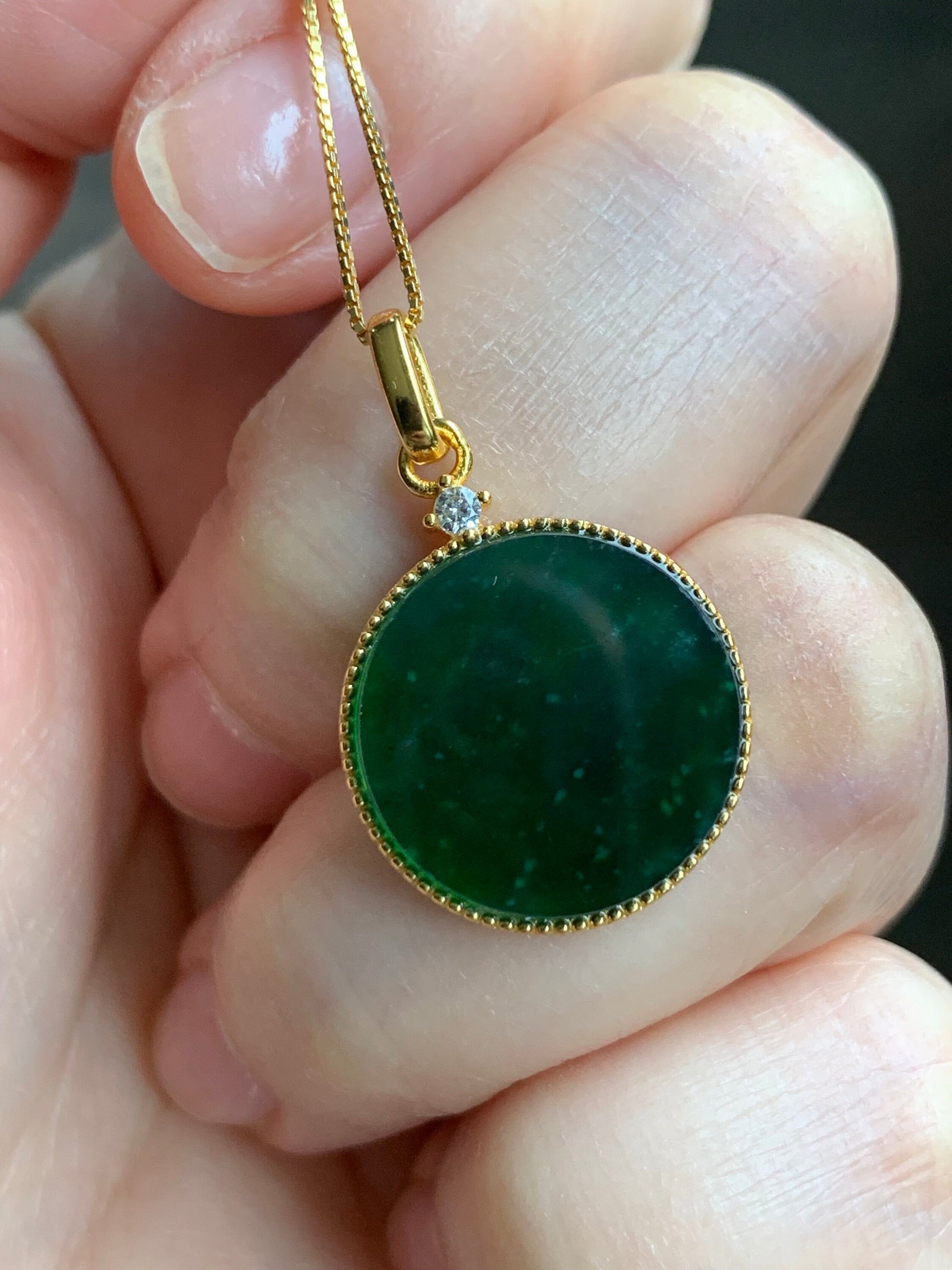Natural Guatemalan Icy Translation Deep Teal Green Jadeite Round Wu Shi Pai Pendant Sterling Silver Yellow Gold Finish 天然冰危湖水绿飘雪花翡翠无事牌镶嵌吊坠 A