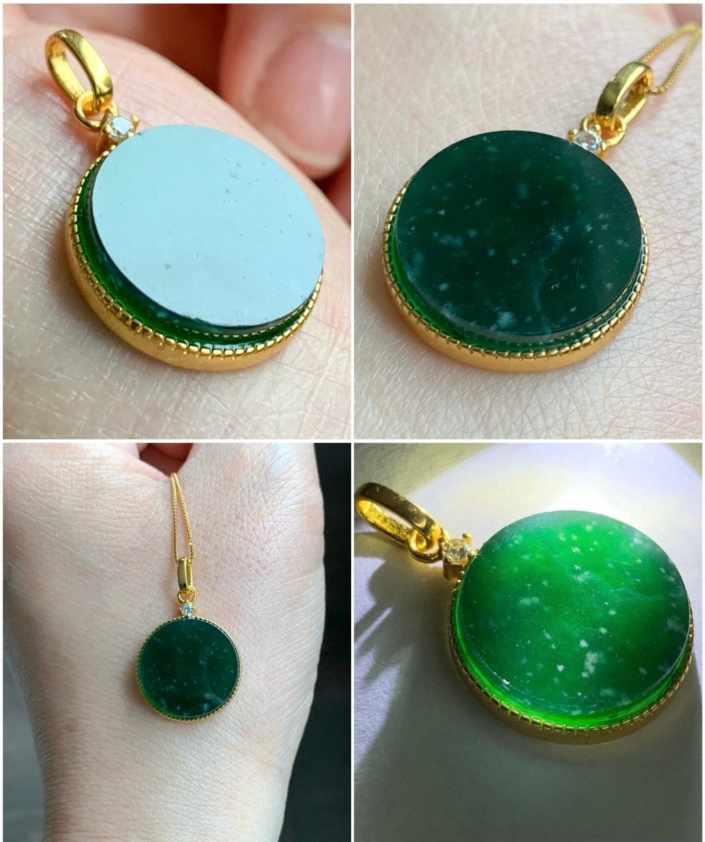 Natural Guatemalan Icy Translation Deep Teal Green Jadeite Round Wu Shi Pai Pendant Sterling Silver Yellow Gold Finish 天然冰危湖水绿飘雪花翡翠无事牌镶嵌吊坠 B