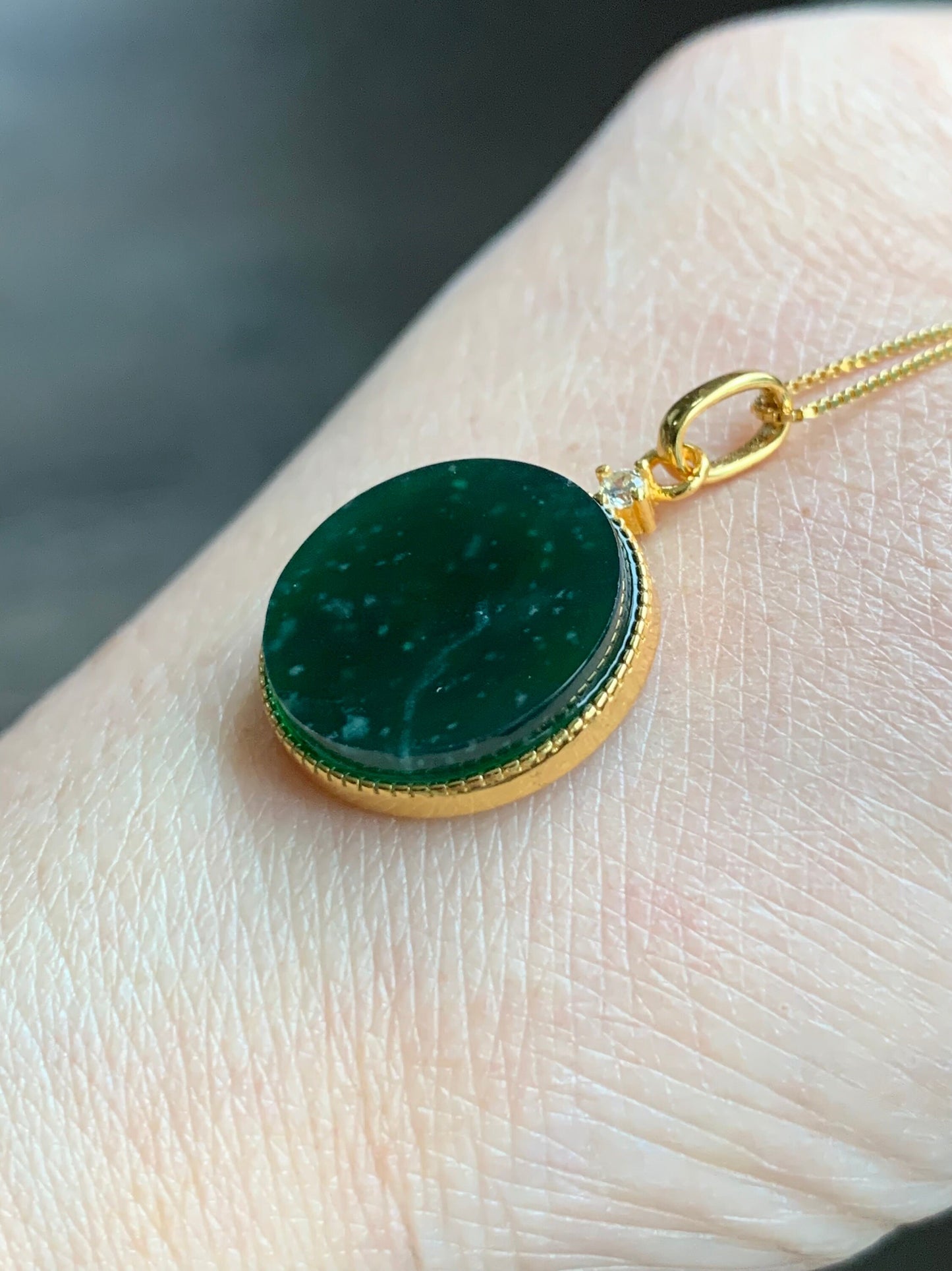 Natural Guatemalan Icy Translation Deep Teal Green Jadeite Round Wu Shi Pai Pendant Sterling Silver Yellow Gold Finish 天然冰危湖水绿飘雪花翡翠无事牌镶嵌吊坠 B