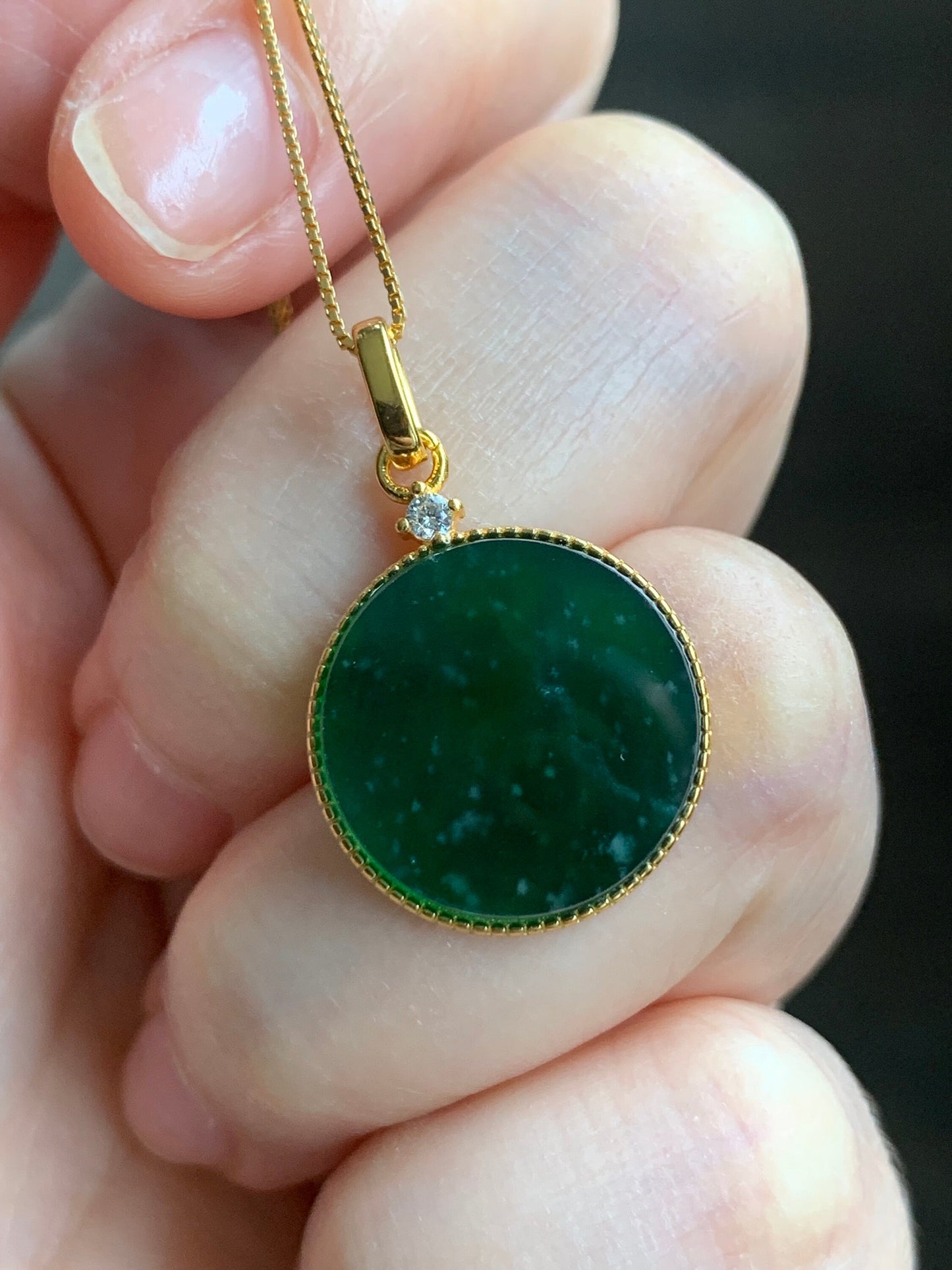Natural Guatemalan Icy Translation Deep Teal Green Jadeite Round Wu Shi Pai Pendant Sterling Silver Yellow Gold Finish 天然冰危湖水绿飘雪花翡翠无事牌镶嵌吊坠 B