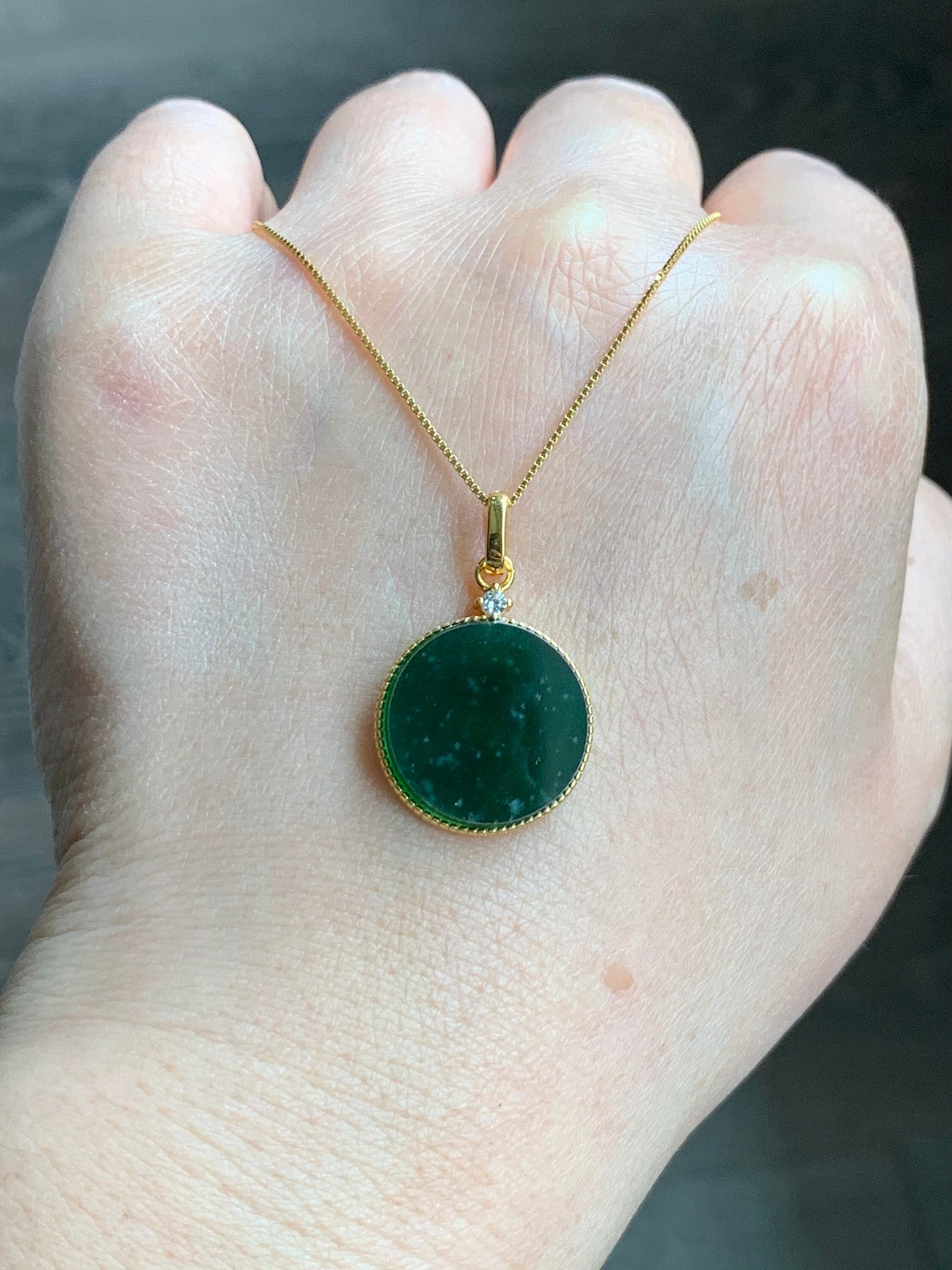 Natural Guatemalan Icy Translation Deep Teal Green Jadeite Round Wu Shi Pai Pendant Sterling Silver Yellow Gold Finish 天然冰危湖水绿飘雪花翡翠无事牌镶嵌吊坠 B