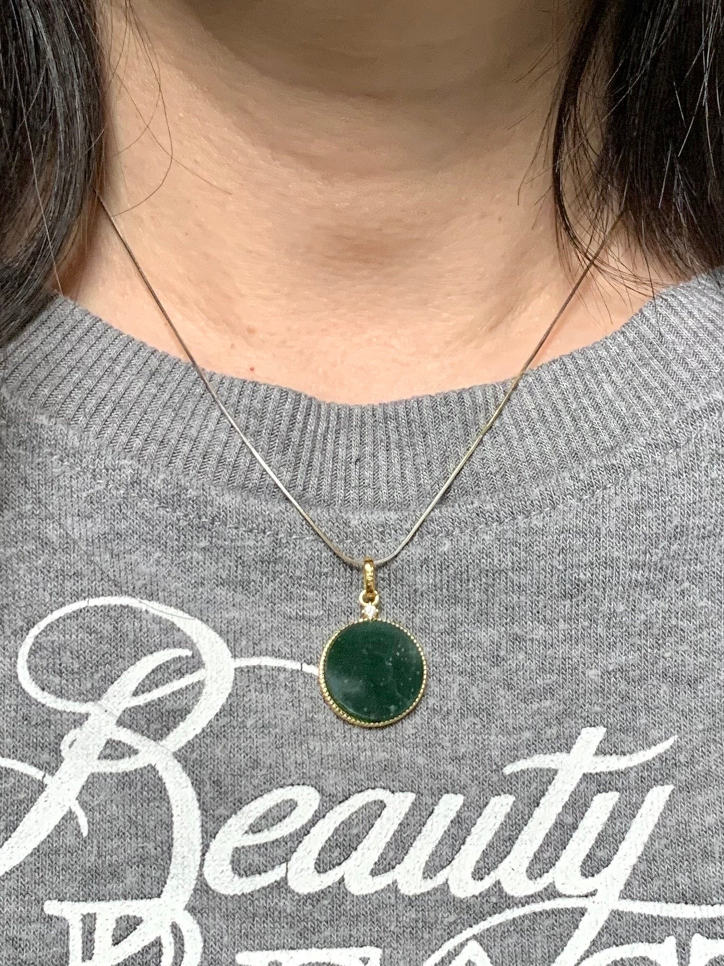 Natural Guatemalan Icy Translation Deep Teal Green Jadeite Round Wu Shi Pai Pendant Sterling Silver Yellow Gold Finish 天然冰危湖水绿飘雪花翡翠无事牌镶嵌吊坠 B