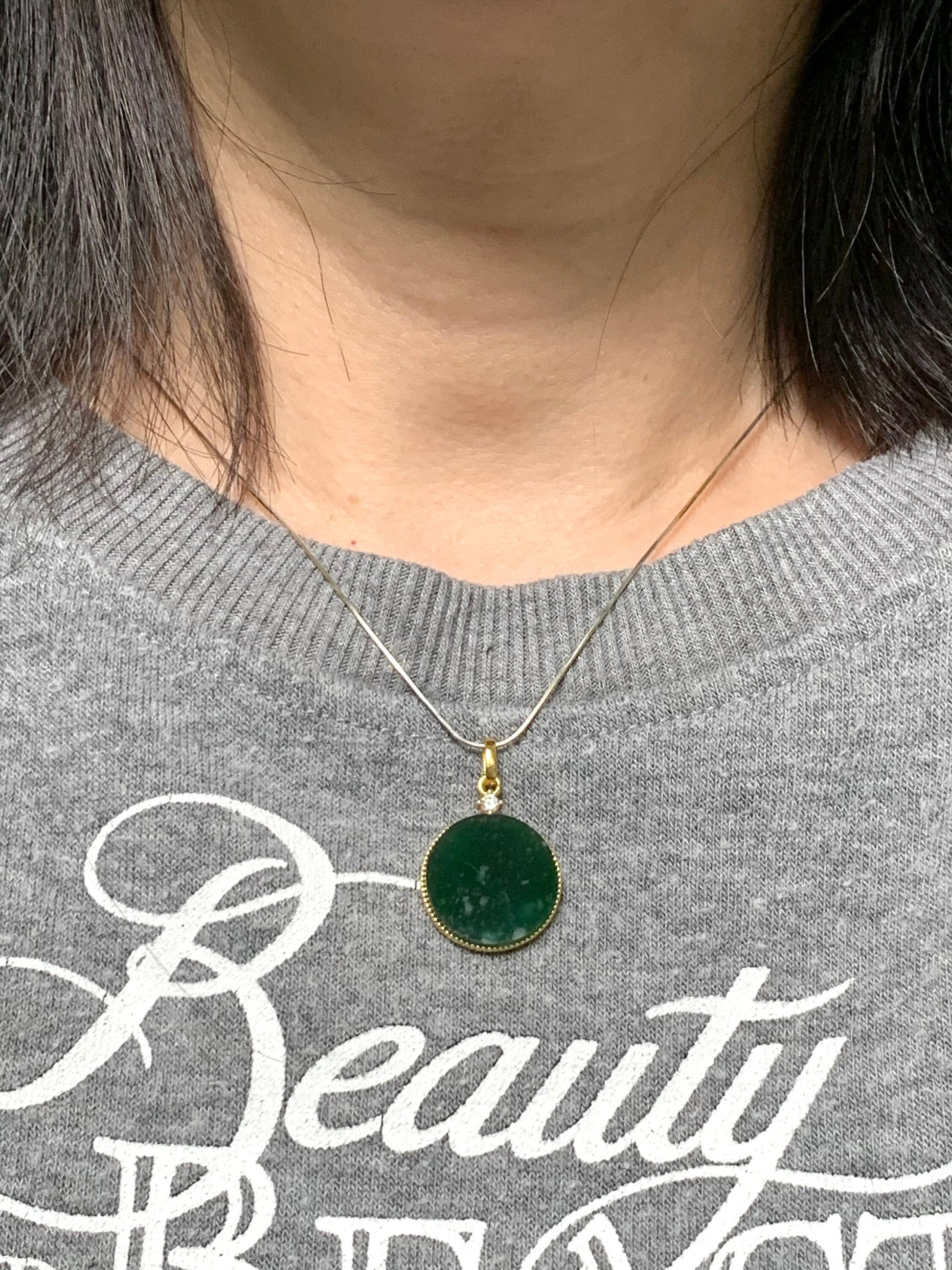 Natural Guatemalan Icy Translation Deep Teal Green Jadeite Round Wu Shi Pai Pendant Sterling Silver Yellow Gold Finish 天然冰危湖水绿飘雪花翡翠无事牌镶嵌吊坠 C