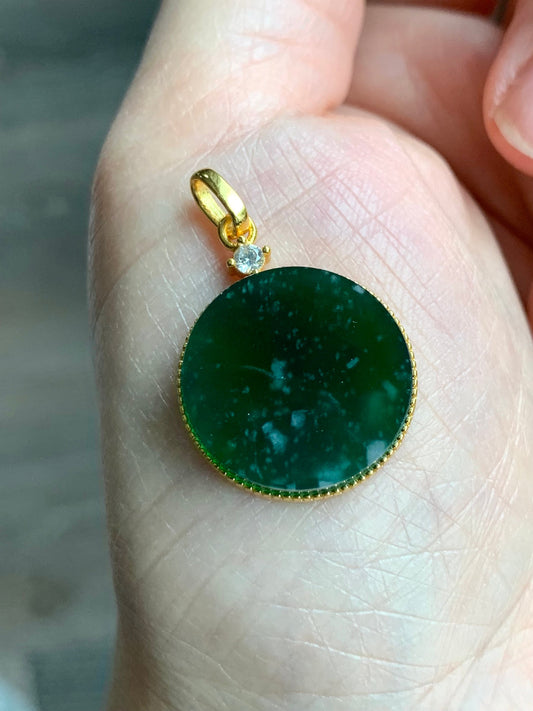 Natural Guatemalan Icy Translation Deep Teal Green Jadeite Round Wu Shi Pai Pendant Sterling Silver Yellow Gold Finish 天然冰危湖水绿飘雪花翡翠无事牌镶嵌吊坠 C