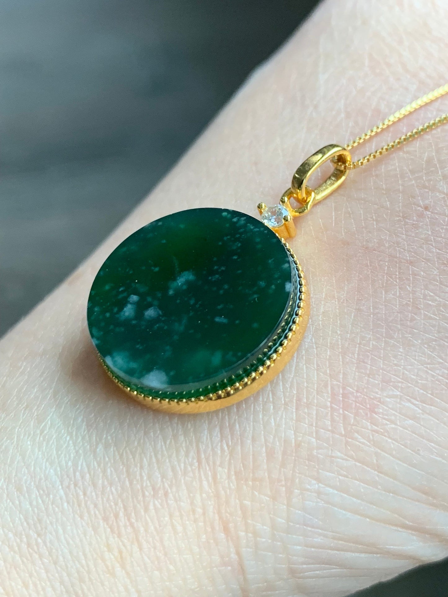 Natural Guatemalan Icy Translation Deep Teal Green Jadeite Round Wu Shi Pai Pendant Sterling Silver Yellow Gold Finish 天然冰危湖水绿飘雪花翡翠无事牌镶嵌吊坠 C