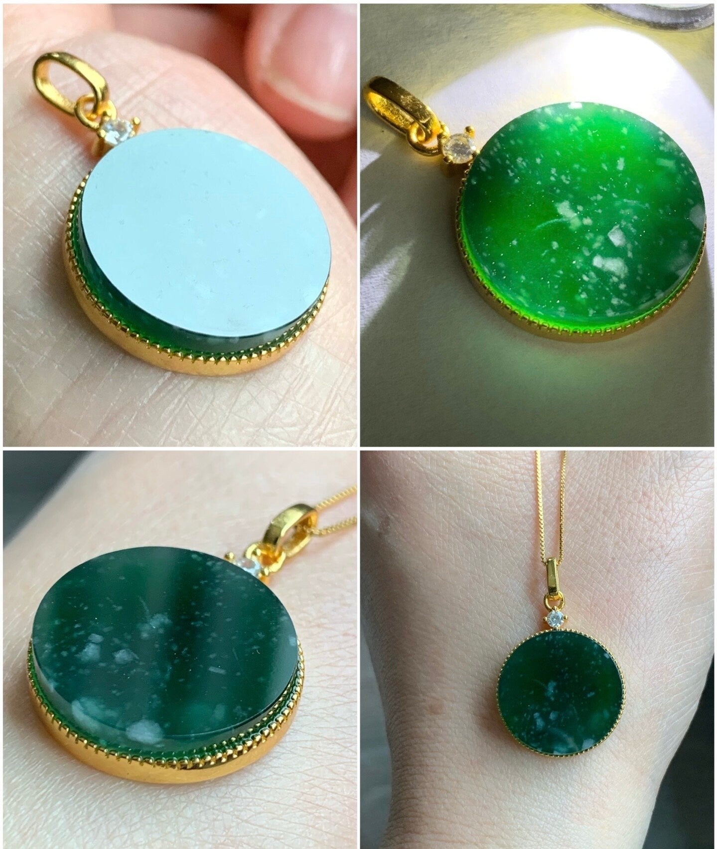 Natural Guatemalan Icy Translation Deep Teal Green Jadeite Round Wu Shi Pai Pendant Sterling Silver Yellow Gold Finish 天然冰危湖水绿飘雪花翡翠无事牌镶嵌吊坠 C