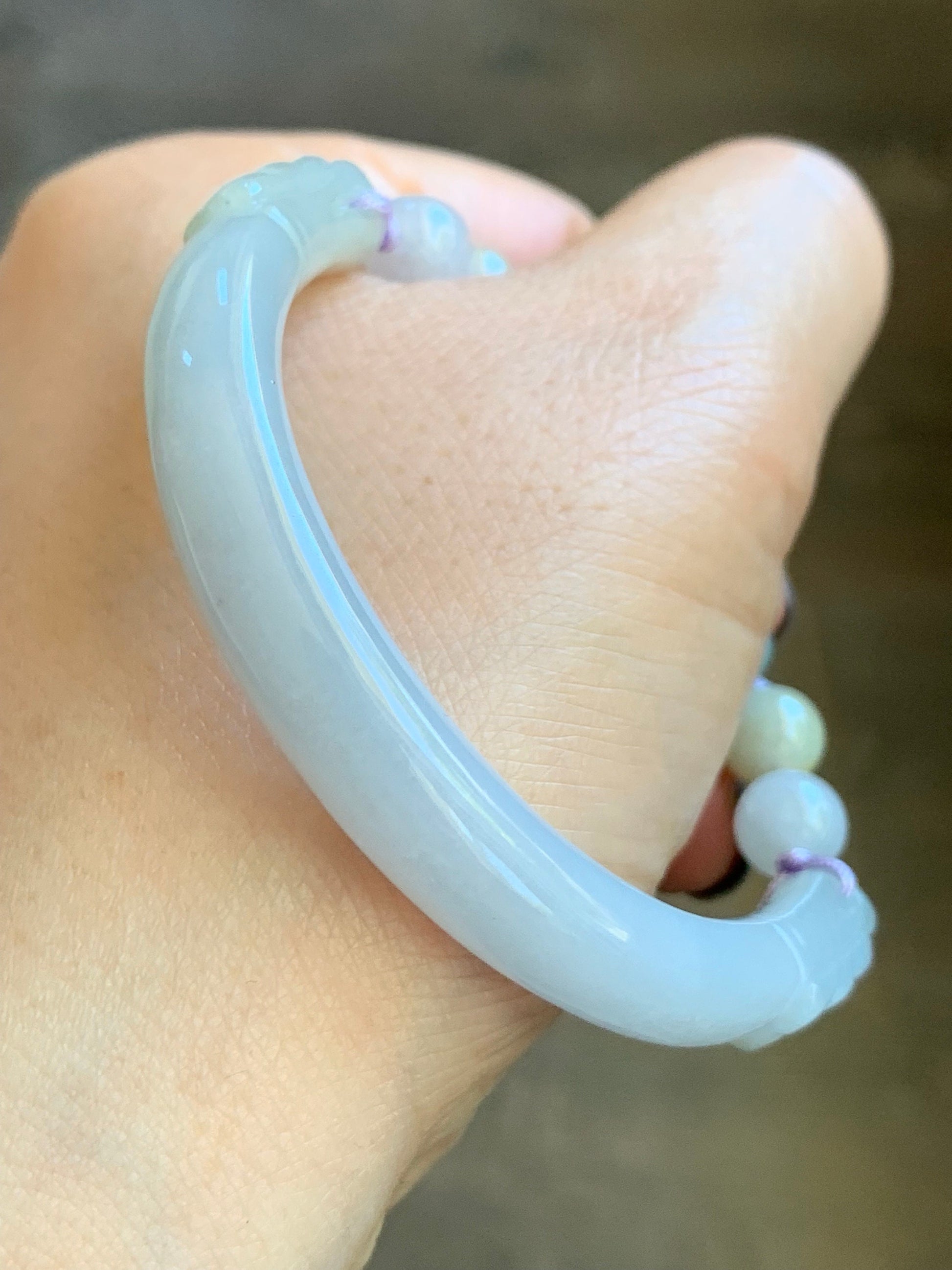 Natural Burmese Icy Translucent Light Purple Jadeite Half Bangle Bracelet w/ Beaded Security Chain 50.9mm 6.25" 25g 天然冰糯淡紫翡翠半镯手串