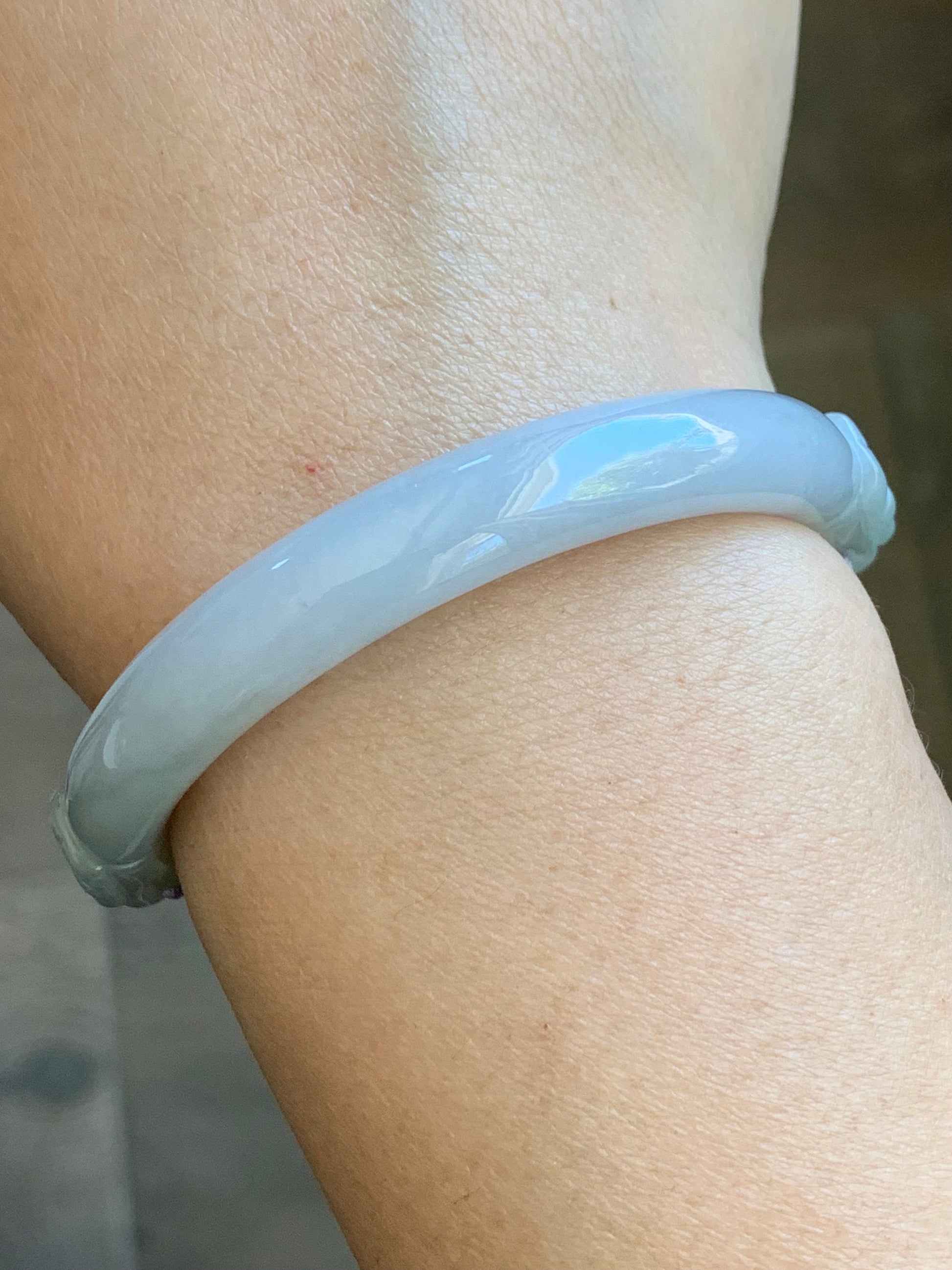 Natural Burmese Icy Translucent Light Purple Jadeite Half Bangle Bracelet w/ Beaded Security Chain 50.9mm 6.25" 25g 天然冰糯淡紫翡翠半镯手串