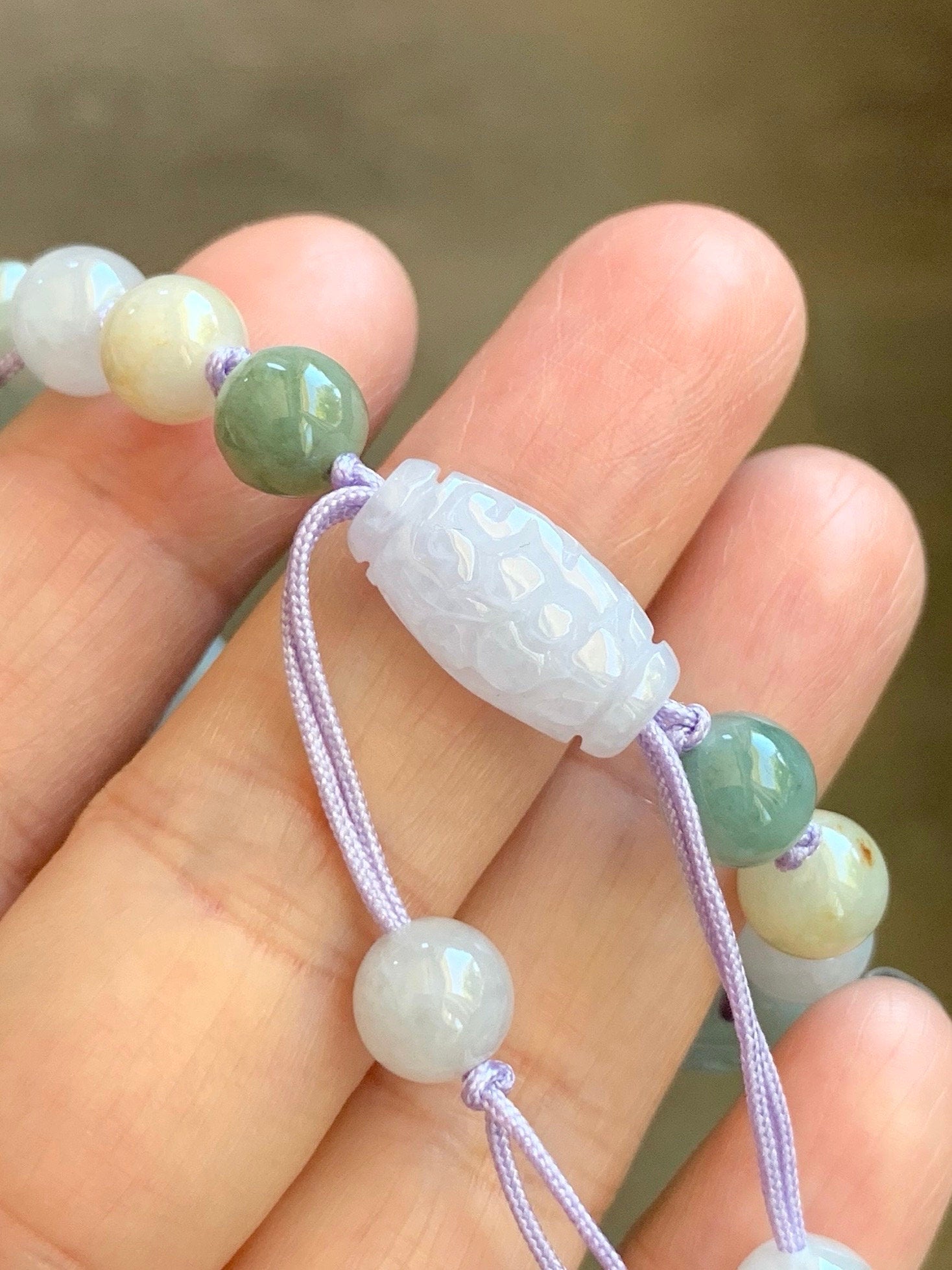Natural Burmese Icy Translucent Light Purple Jadeite Half Bangle Bracelet w/ Beaded Security Chain 50.9mm 6.25" 25g 天然冰糯淡紫翡翠半镯手串