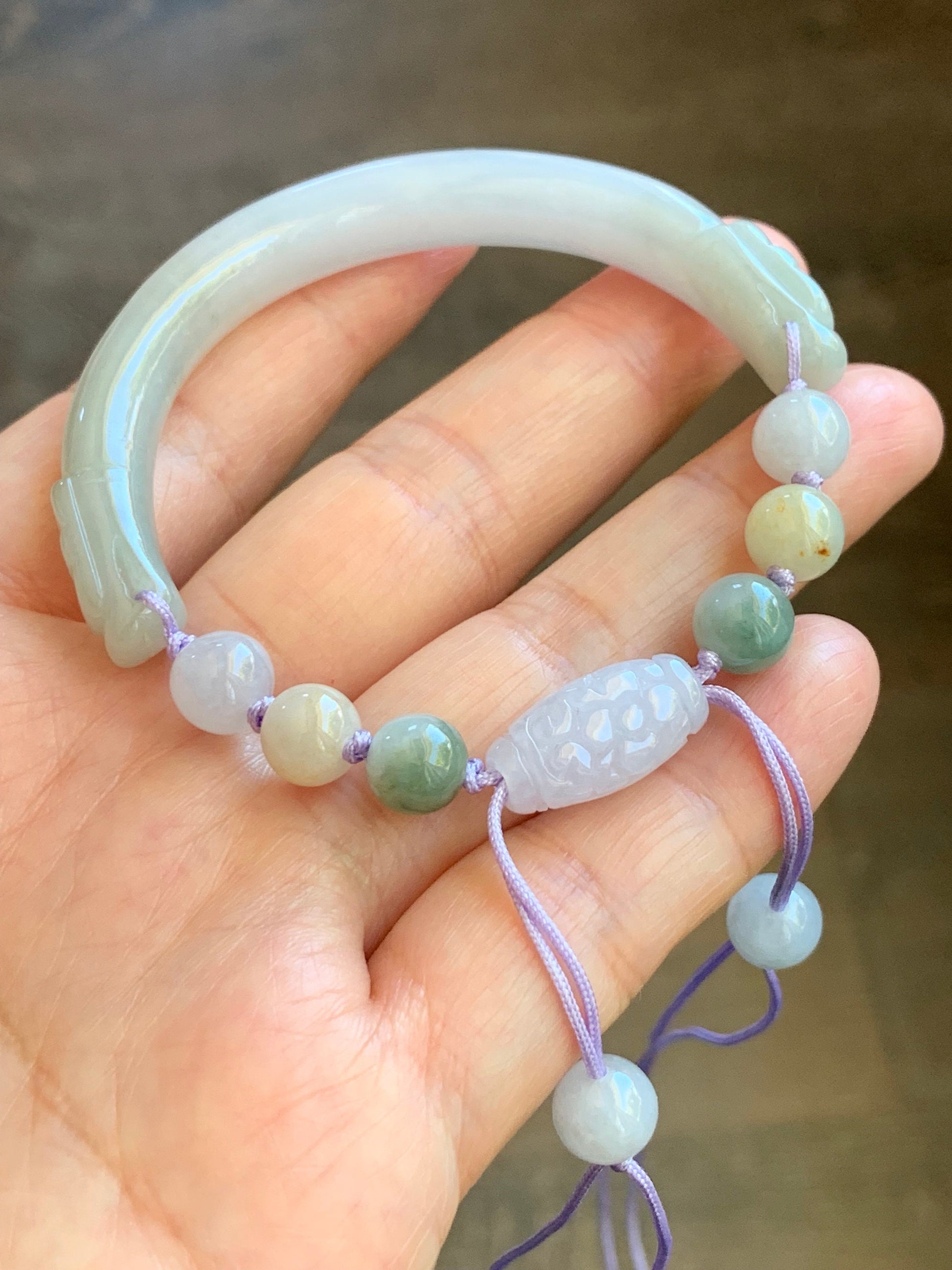 Natural Burmese Icy Translucent Light Purple Jadeite Half Bangle Bracelet w/ Beaded Security Chain 50.9mm 6.25" 25g 天然冰糯淡紫翡翠半镯手串
