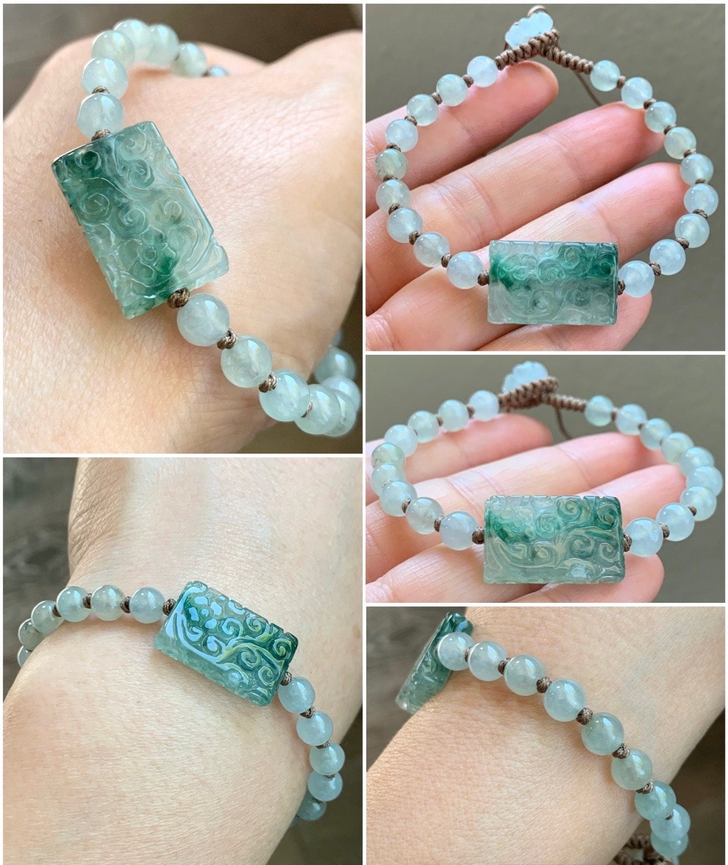 Natural Burmese Icy Highly Translucent Green Marbled Jadeite Engraved Bead & Round Beads Beaded Bracelet 6.25” 天然缅甸冰胶飘绿花翡翠冰翡翠珠手串