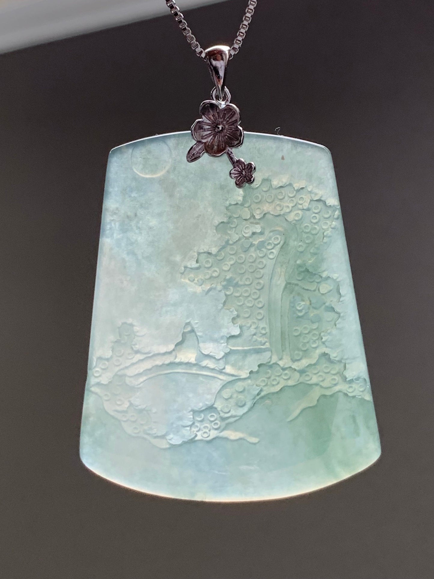 LARGE Natural Burmese Icy Translucent Gelatinous Light Green Jadeite Carved Shan Shui Pai Landscape Pendant Sterling Silver 天然缅甸冰晴翡翠精工雕山水牌