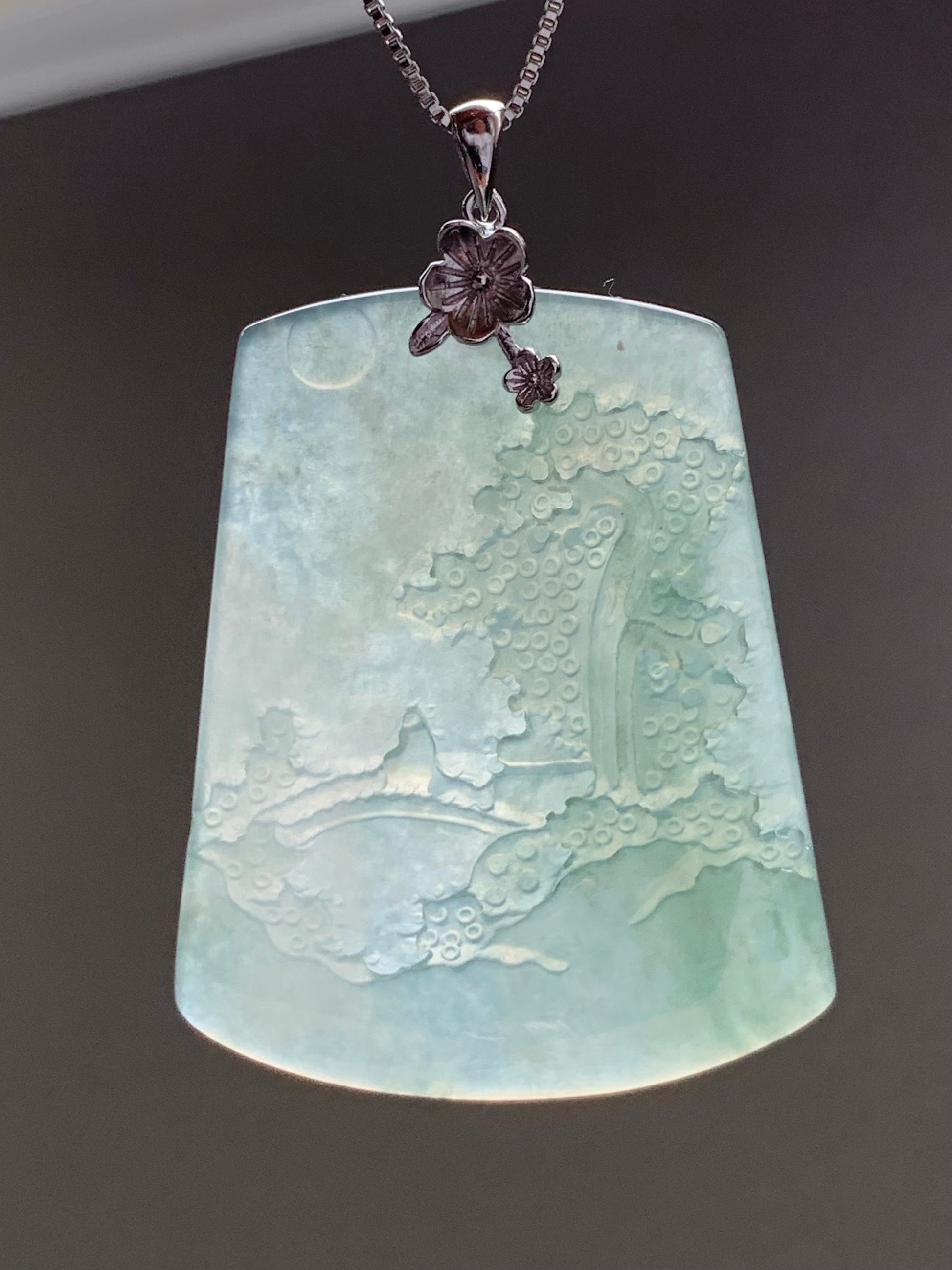 LARGE Natural Burmese Icy Translucent Gelatinous Light Green Jadeite Carved Shan Shui Pai Landscape Pendant Sterling Silver 天然缅甸冰晴翡翠精工雕山水牌