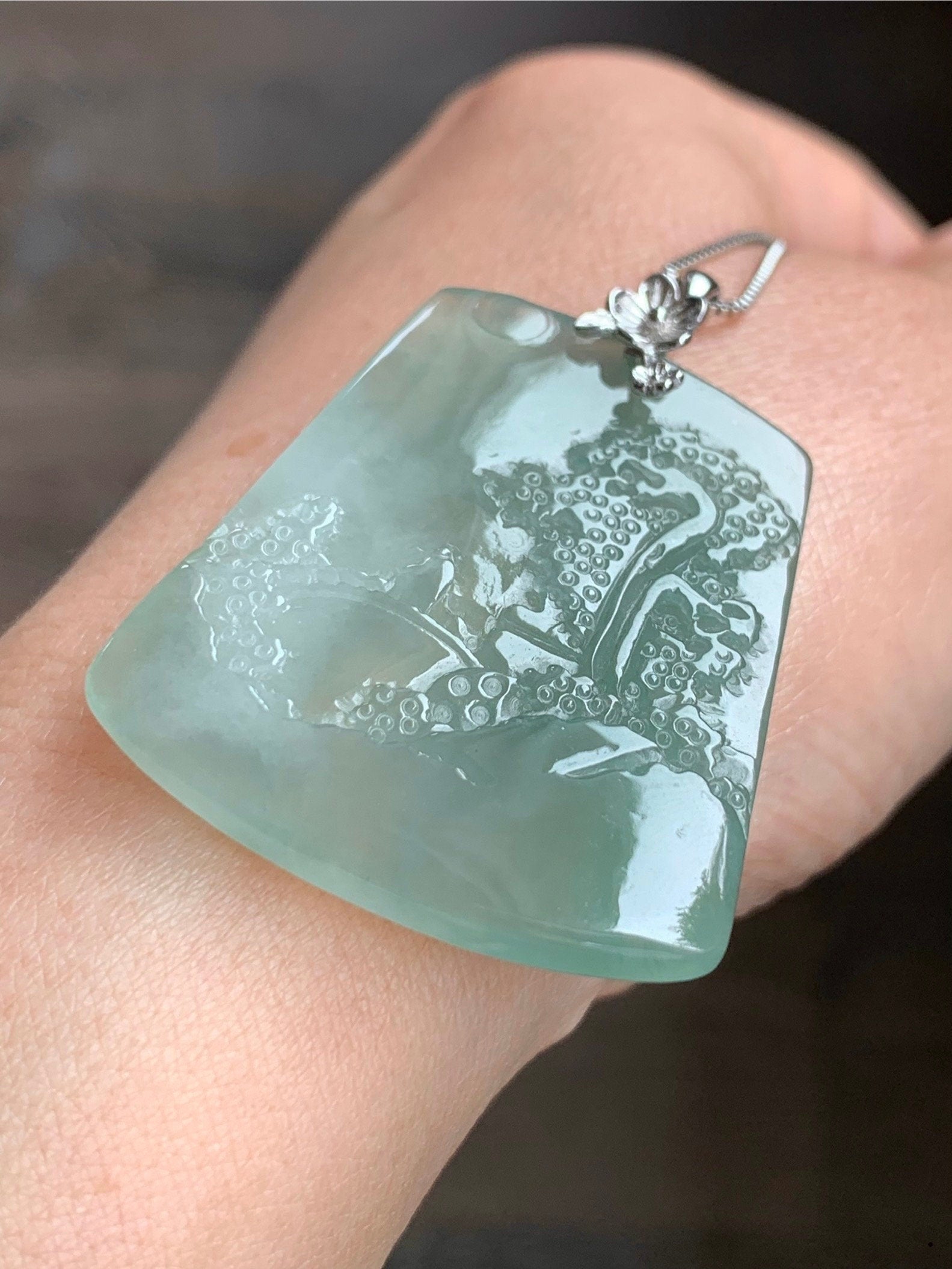 LARGE Natural Burmese Icy Translucent Gelatinous Light Green Jadeite Carved Shan Shui Pai Landscape Pendant Sterling Silver 天然缅甸冰晴翡翠精工雕山水牌
