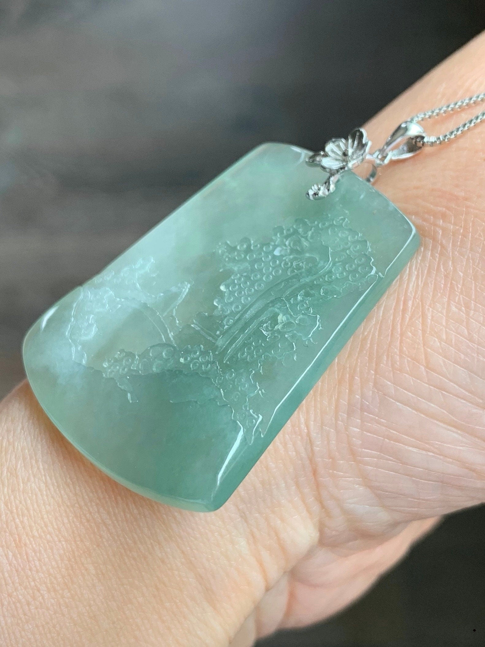 LARGE Natural Burmese Icy Translucent Gelatinous Light Green Jadeite Carved Shan Shui Pai Landscape Pendant Sterling Silver 天然缅甸冰晴翡翠精工雕山水牌