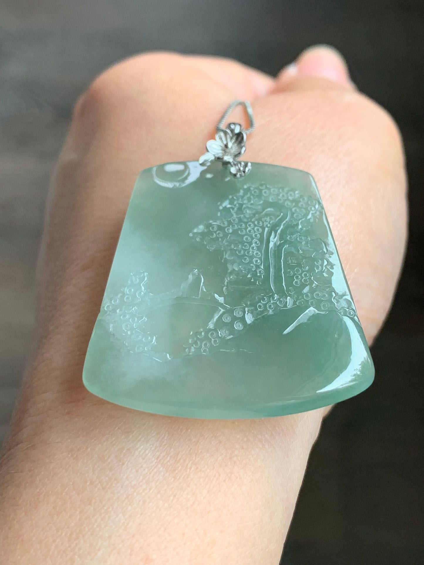 LARGE Natural Burmese Icy Translucent Gelatinous Light Green Jadeite Carved Shan Shui Pai Landscape Pendant Sterling Silver 天然缅甸冰晴翡翠精工雕山水牌