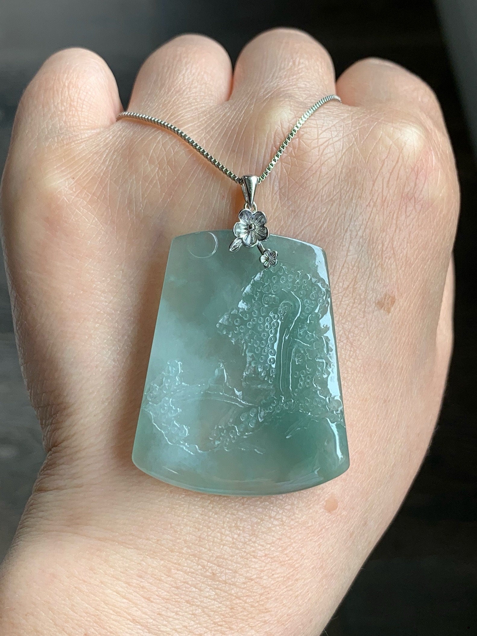 LARGE Natural Burmese Icy Translucent Gelatinous Light Green Jadeite Carved Shan Shui Pai Landscape Pendant Sterling Silver 天然缅甸冰晴翡翠精工雕山水牌