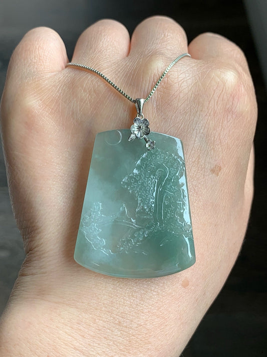 LARGE Natural Burmese Icy Translucent Gelatinous Light Green Jadeite Carved Shan Shui Pai Landscape Pendant Sterling Silver 天然缅甸冰晴翡翠精工雕山水牌