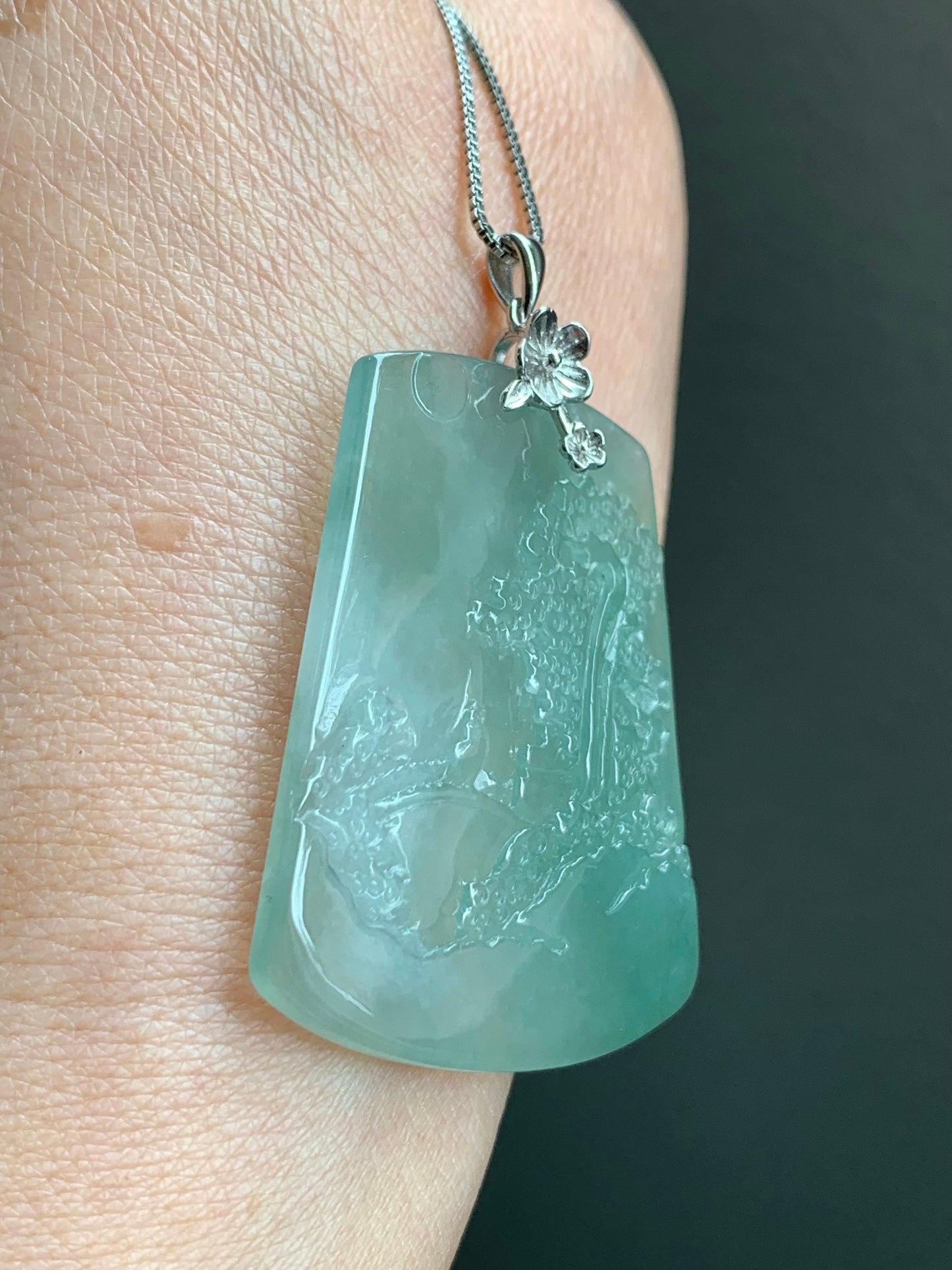 LARGE Natural Burmese Icy Translucent Gelatinous Light Green Jadeite Carved Shan Shui Pai Landscape Pendant Sterling Silver 天然缅甸冰晴翡翠精工雕山水牌