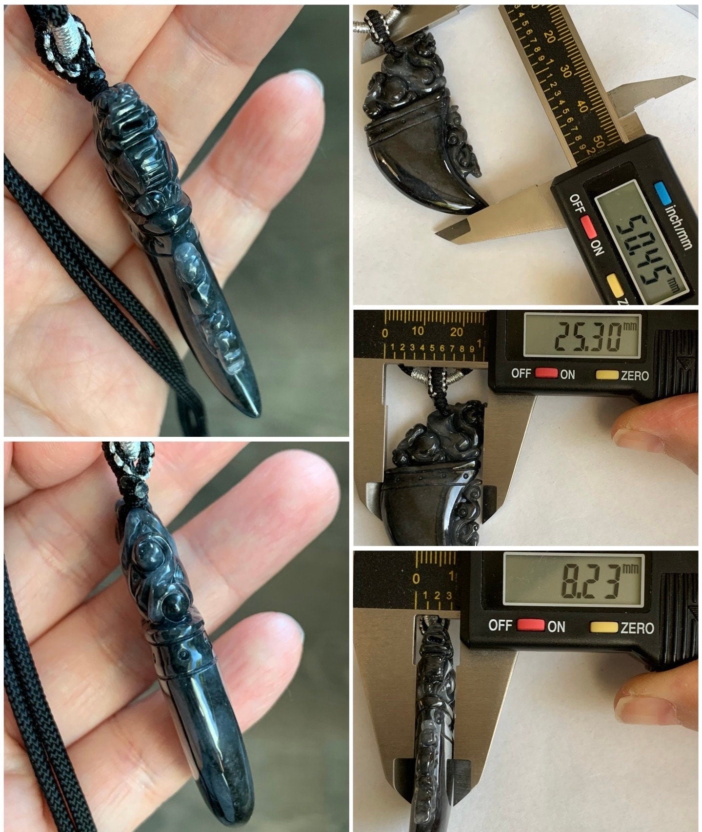 Natural Burmese Semi Translucent Dark Wuji Jadeite Carved Pixiu Tooth Pendant Rope Necklace 26" Adjustable 21g 天然缅甸乌鸡翡翠貔貅牙吊坠