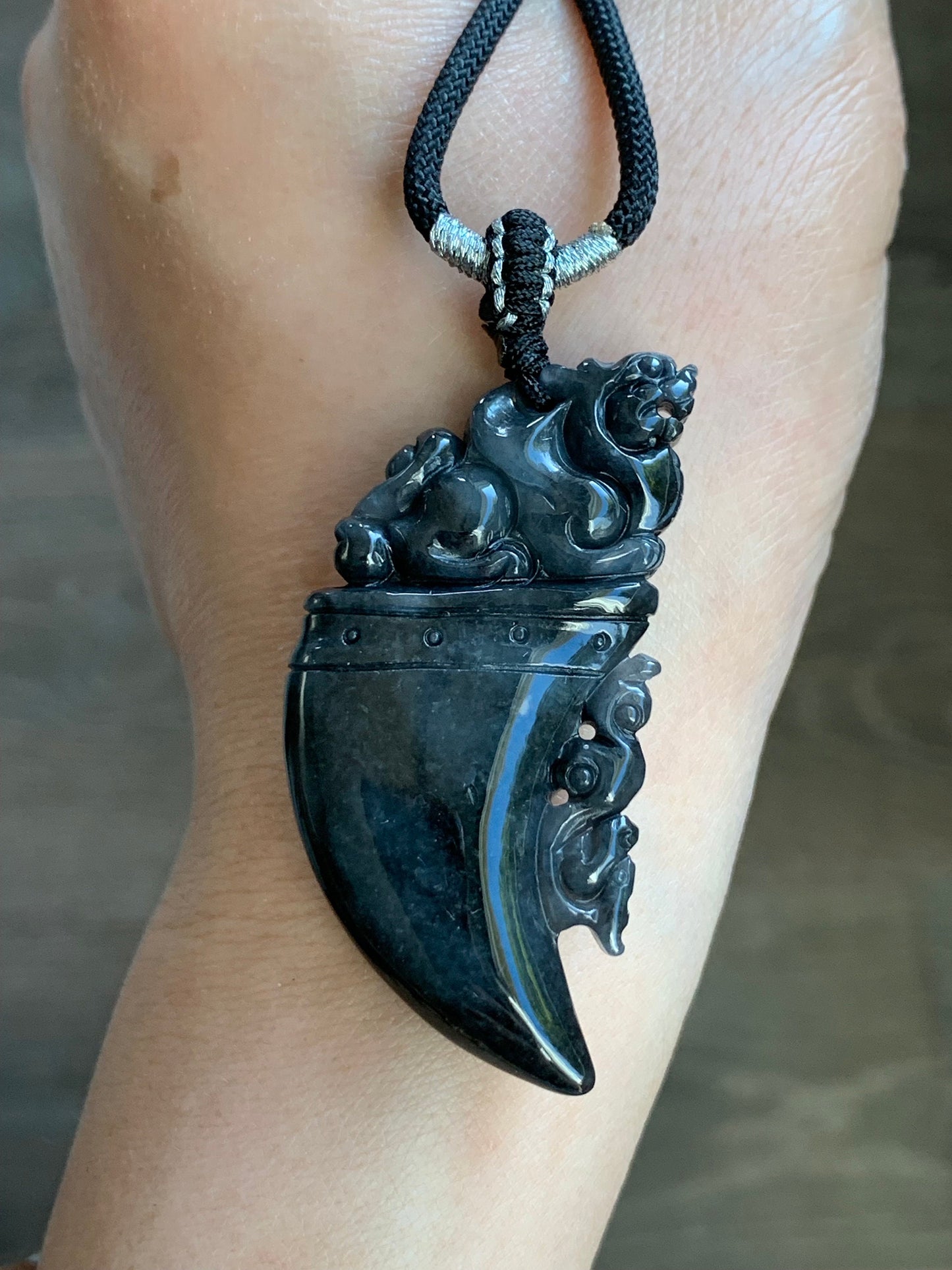 Natural Burmese Semi Translucent Dark Wuji Jadeite Carved Pixiu Tooth Pendant Rope Necklace 26" Adjustable 21g 天然缅甸乌鸡翡翠貔貅牙吊坠