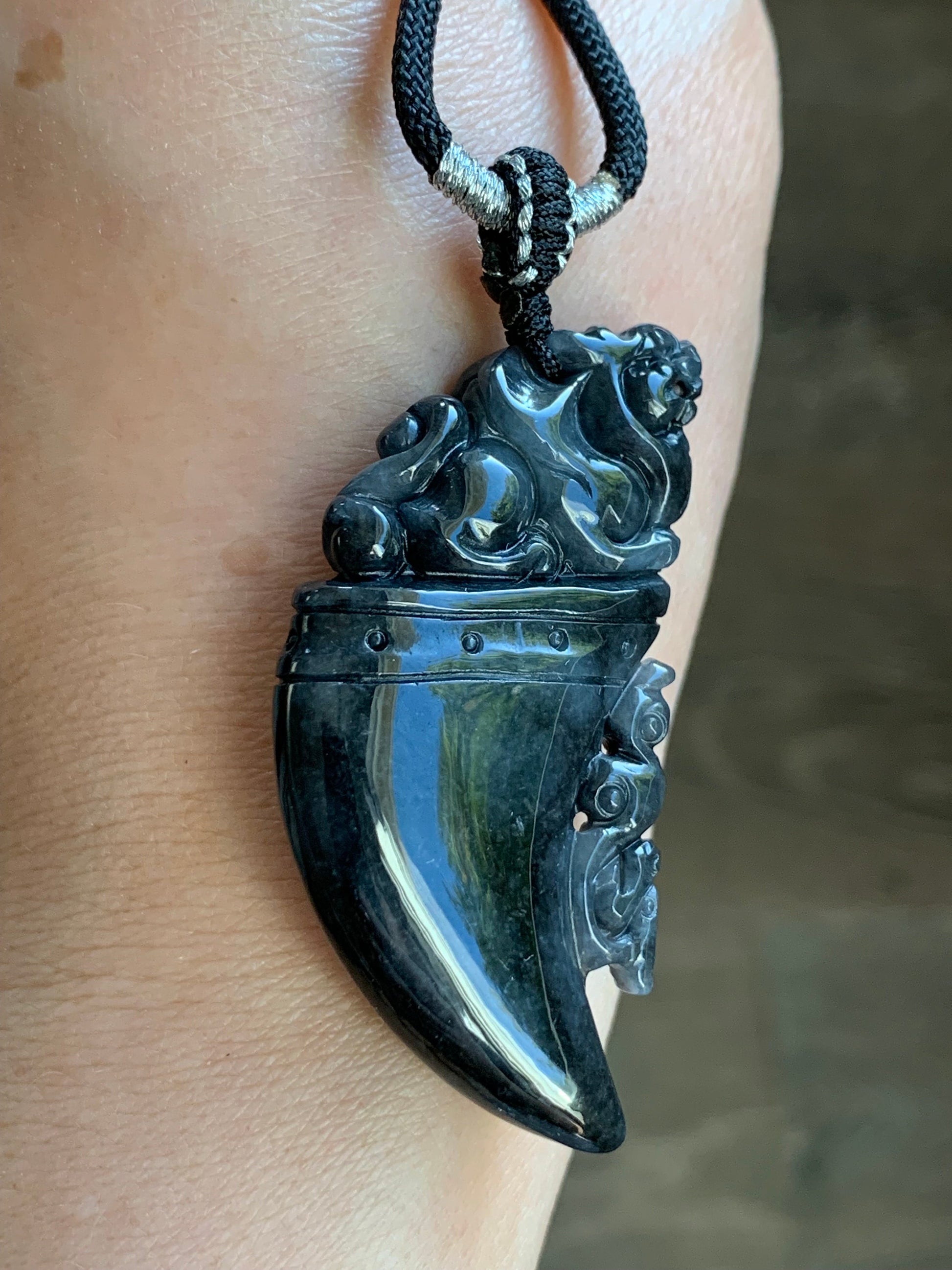 Natural Burmese Semi Translucent Dark Wuji Jadeite Carved Pixiu Tooth Pendant Rope Necklace 26" Adjustable 21g 天然缅甸乌鸡翡翠貔貅牙吊坠