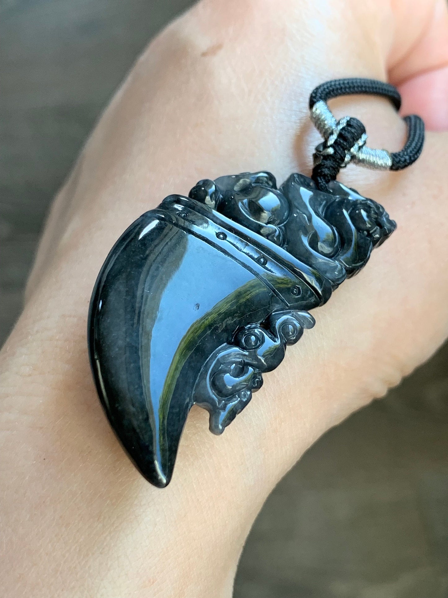 Natural Burmese Semi Translucent Dark Wuji Jadeite Carved Pixiu Tooth Pendant Rope Necklace 26" Adjustable 21g 天然缅甸乌鸡翡翠貔貅牙吊坠