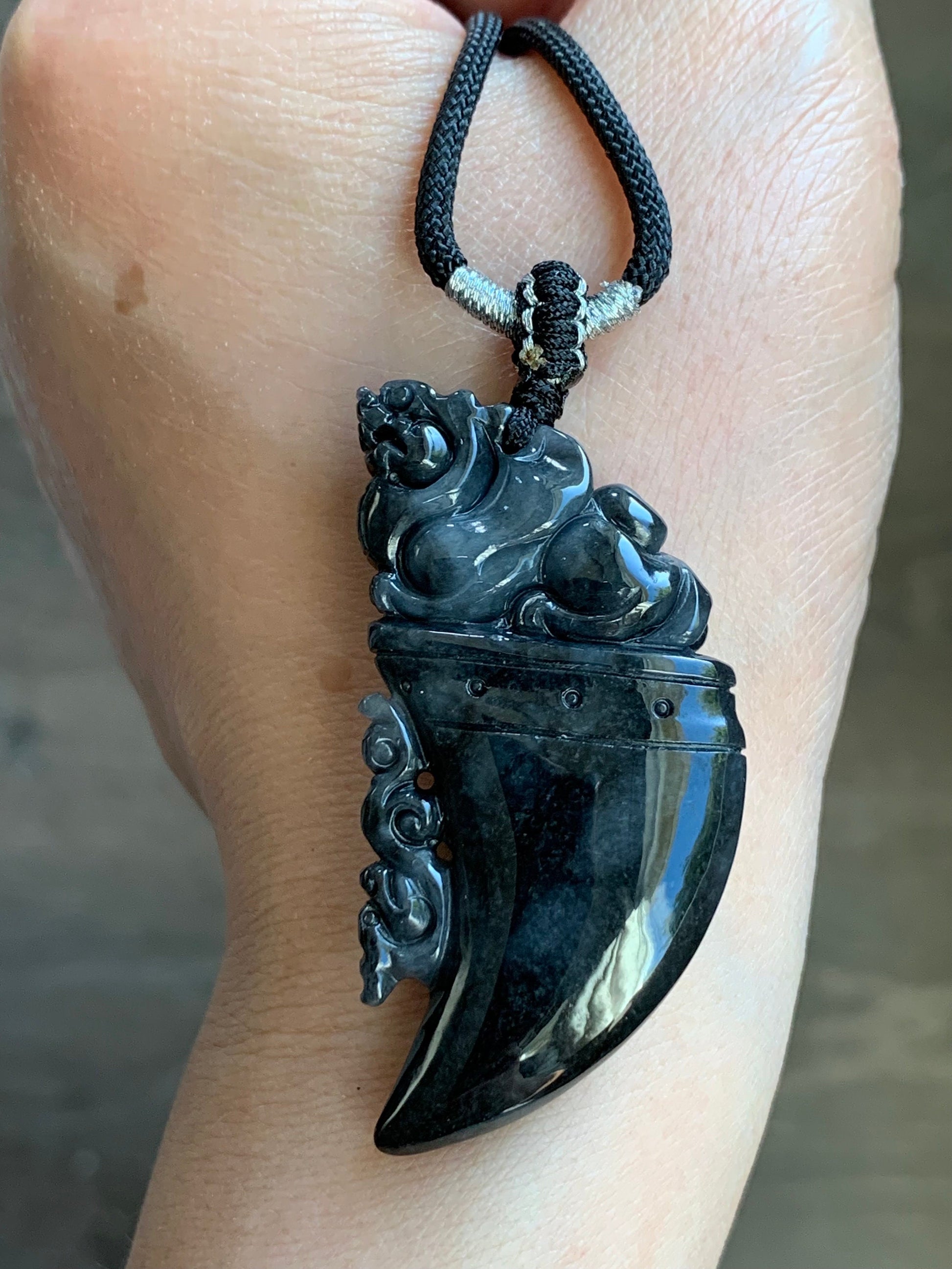 Natural Burmese Semi Translucent Dark Wuji Jadeite Carved Pixiu Tooth Pendant Rope Necklace 26" Adjustable 21g 天然缅甸乌鸡翡翠貔貅牙吊坠