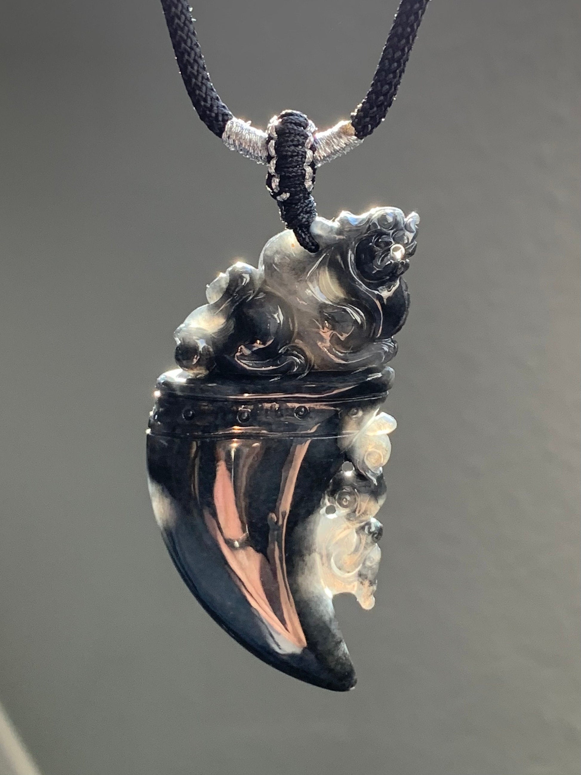 Natural Burmese Semi Translucent Dark Wuji Jadeite Carved Pixiu Tooth Pendant Rope Necklace 26" Adjustable 21g 天然缅甸乌鸡翡翠貔貅牙吊坠