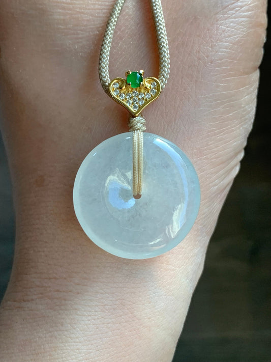 Certified Natural Burmese Icy Highly Translucent White Jadeite Ping An Kou Donut Vibrant Green Jadeite Pendant Necklace 天然缅甸正白冰起光翡翠平安扣危绿翡翠吊坠