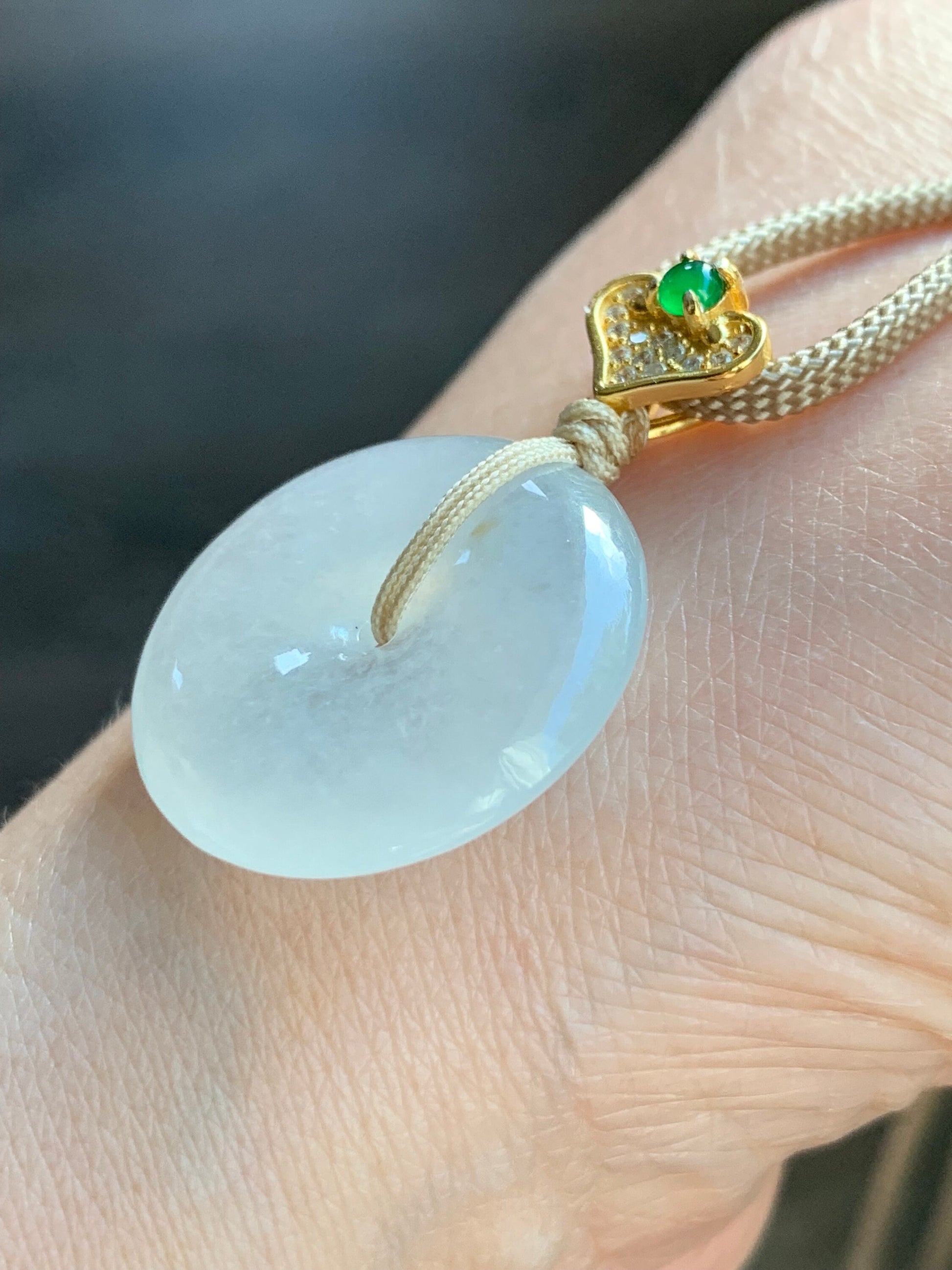 Certified Natural Burmese Icy Highly Translucent White Jadeite Ping An Kou Donut Vibrant Green Jadeite Pendant Necklace 天然缅甸正白冰起光翡翠平安扣危绿翡翠吊坠