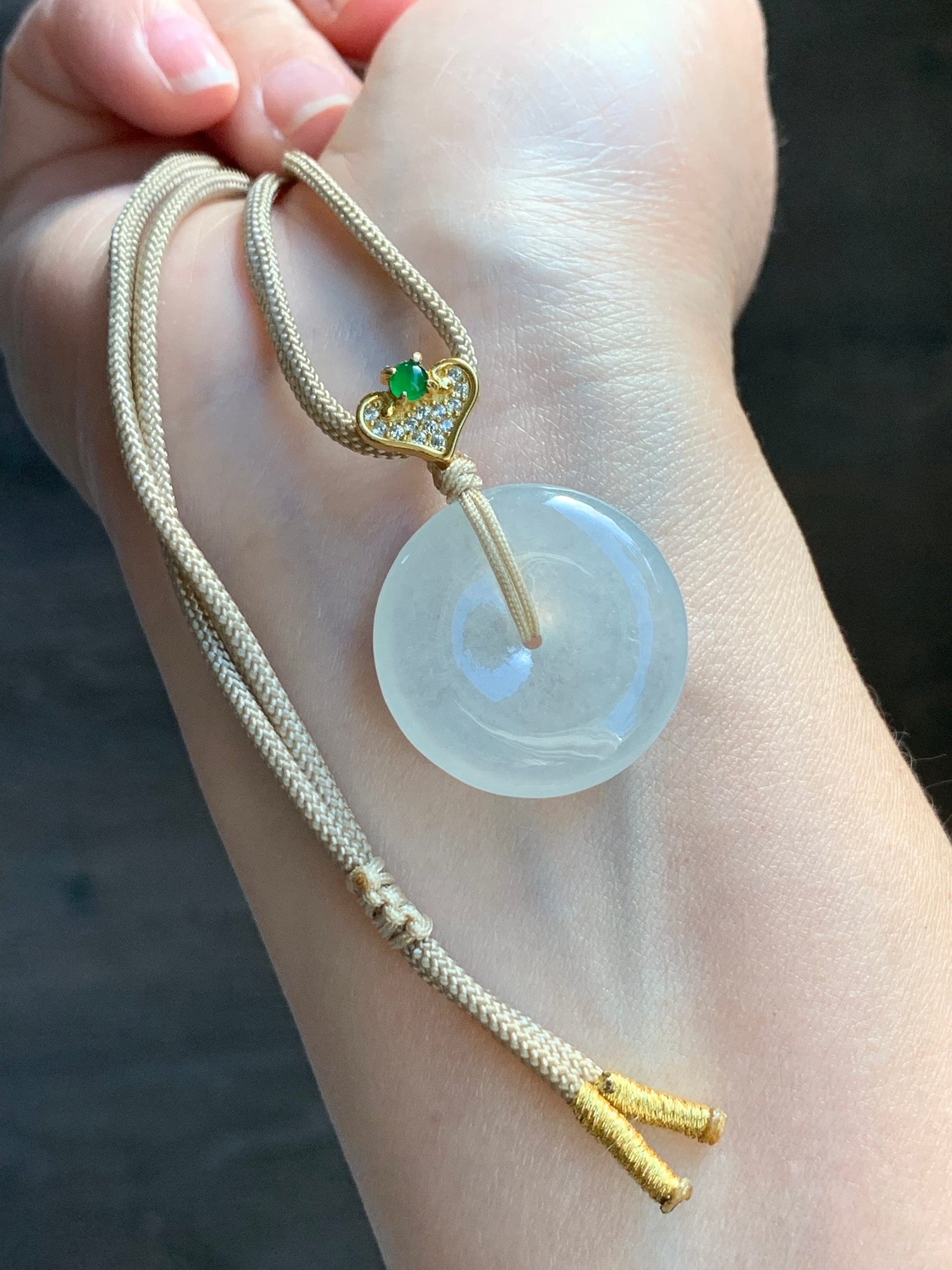 Certified Natural Burmese Icy Highly Translucent White Jadeite Ping An Kou Donut Vibrant Green Jadeite Pendant Necklace 天然缅甸正白冰起光翡翠平安扣危绿翡翠吊坠