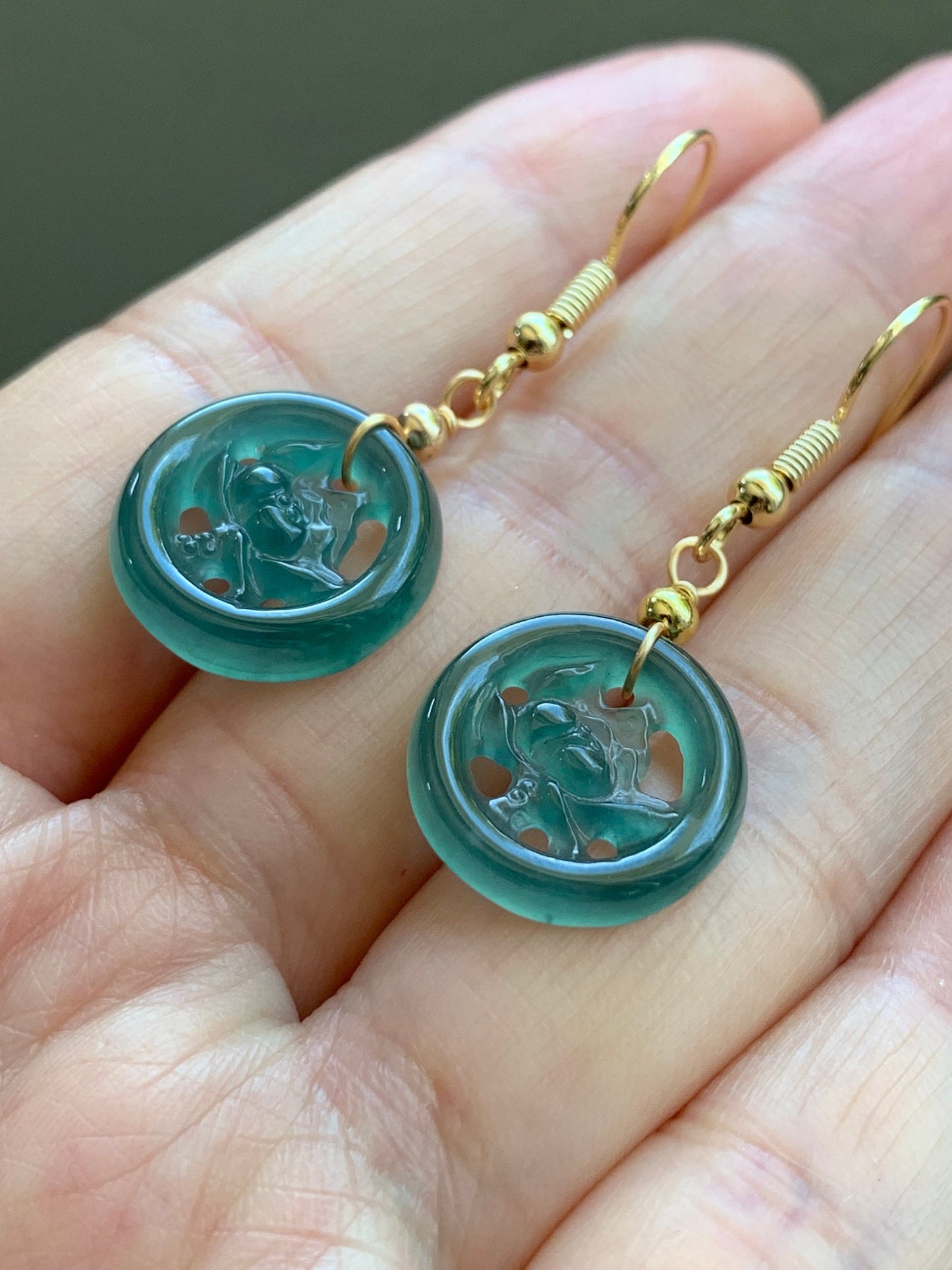 June Special! Natural Guatemalan Icy Highly Translucent Dark Teal Green Jadeite Lotus Flower Dangle Earrings 14K Gold Plated 天然冰危蓝绿翡翠莲花牌包金耳吊
