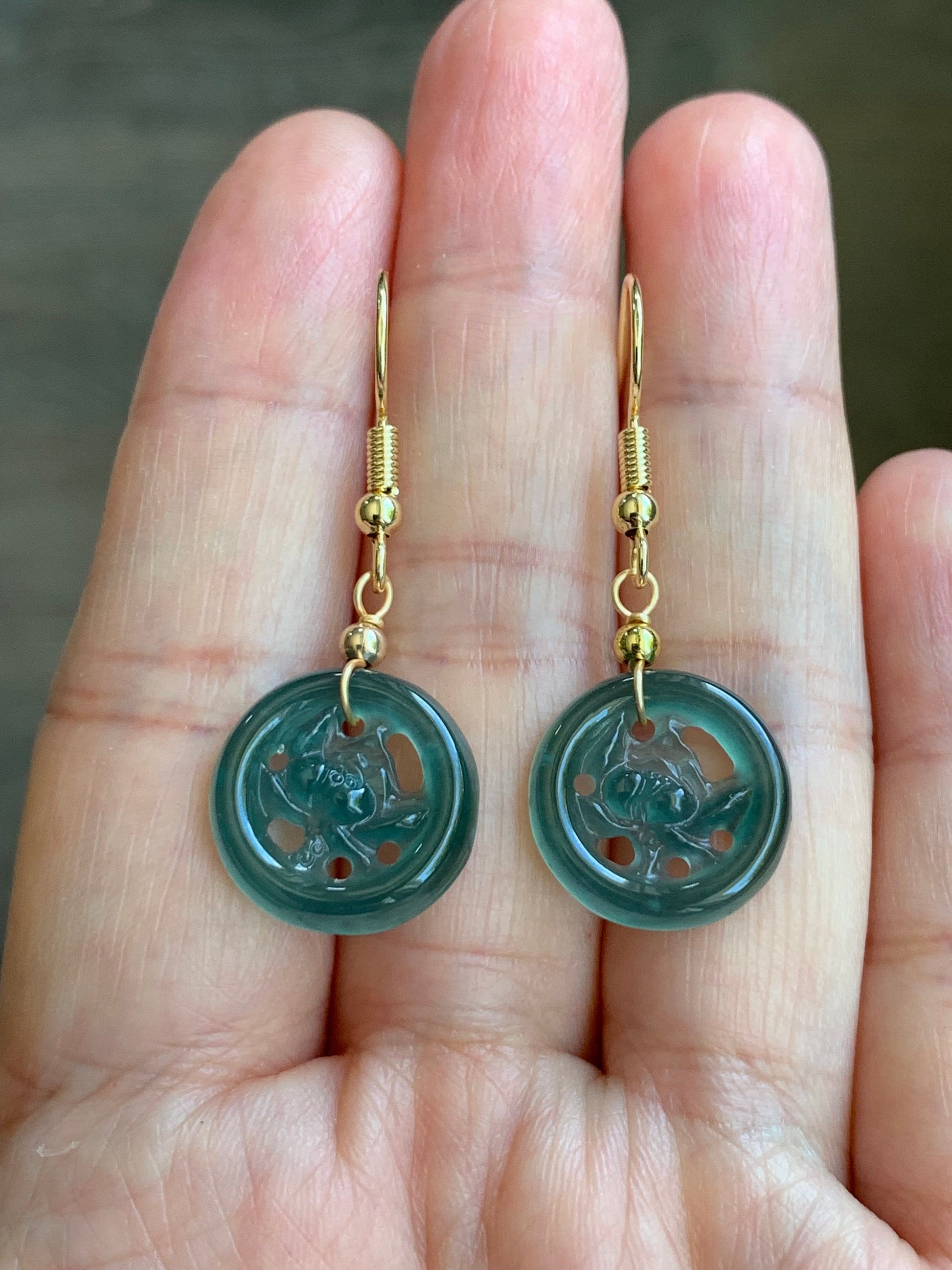 June Special! Natural Guatemalan Icy Highly Translucent Dark Teal Green Jadeite Lotus Flower Dangle Earrings 14K Gold Plated 天然冰危蓝绿翡翠莲花牌包金耳吊