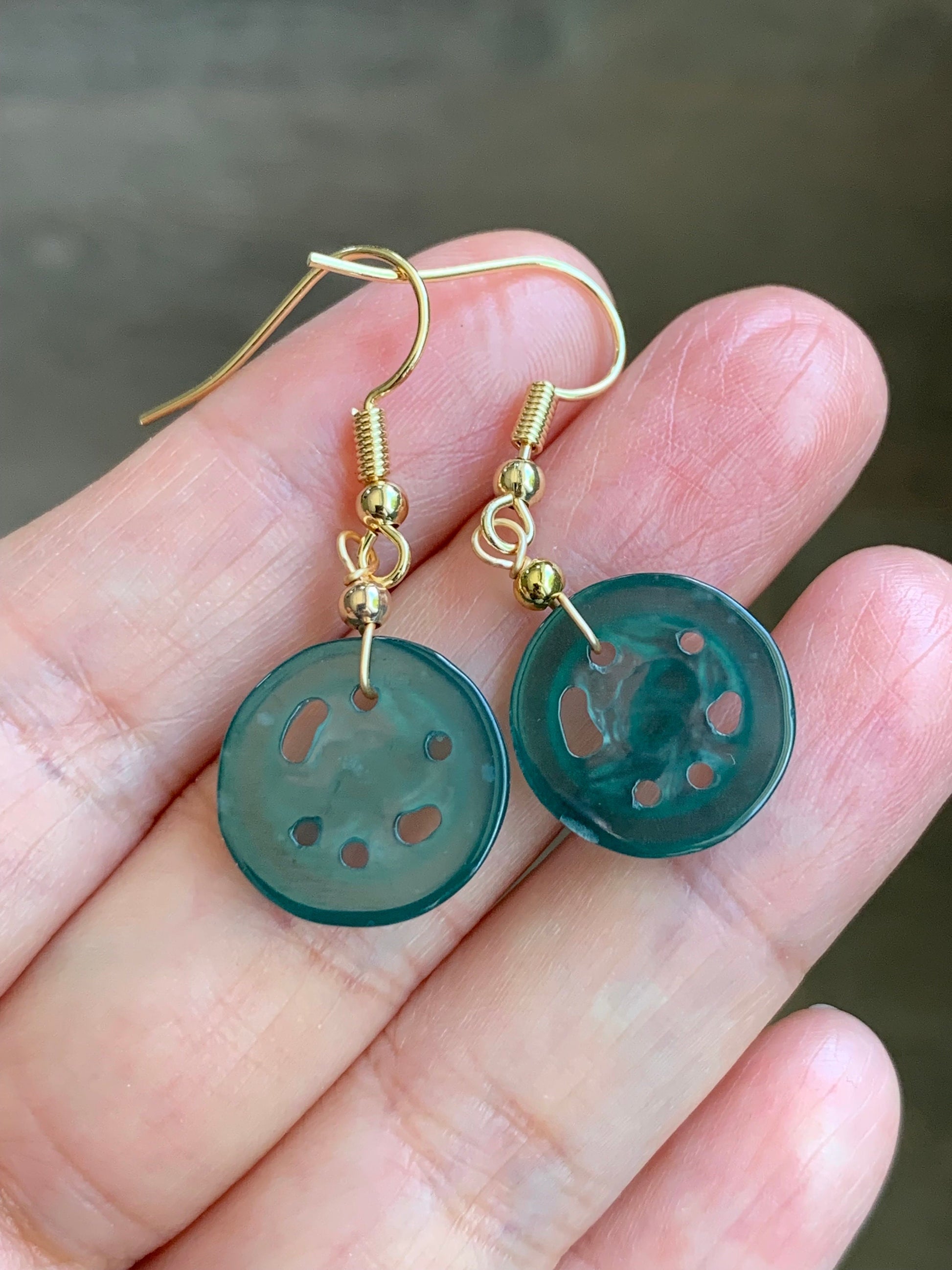 June Special! Natural Guatemalan Icy Highly Translucent Dark Teal Green Jadeite Lotus Flower Dangle Earrings 14K Gold Plated 天然冰危蓝绿翡翠莲花牌包金耳吊
