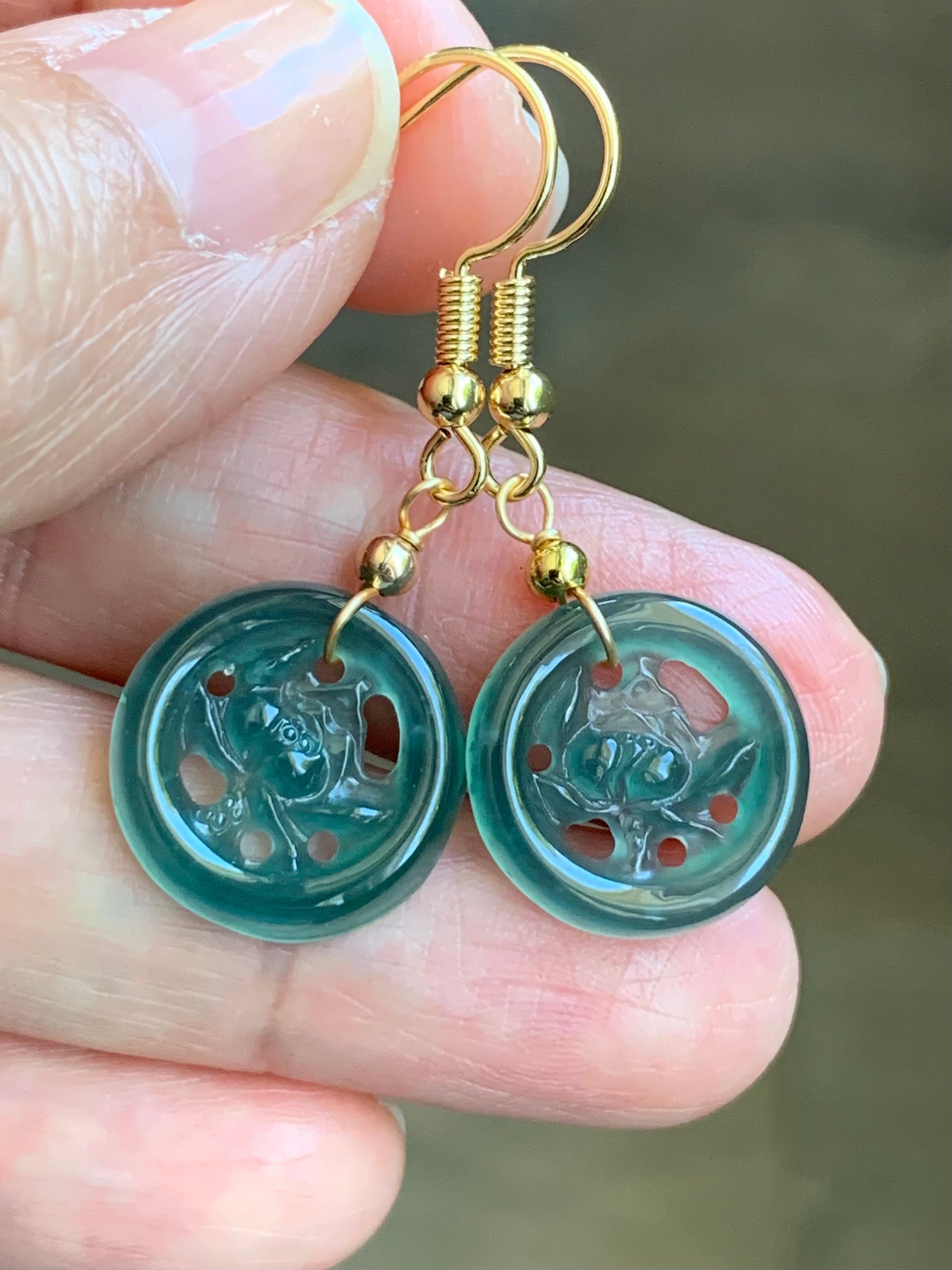 June Special! Natural Guatemalan Icy Highly Translucent Dark Teal Green Jadeite Lotus Flower Dangle Earrings 14K Gold Plated 天然冰危蓝绿翡翠莲花牌包金耳吊