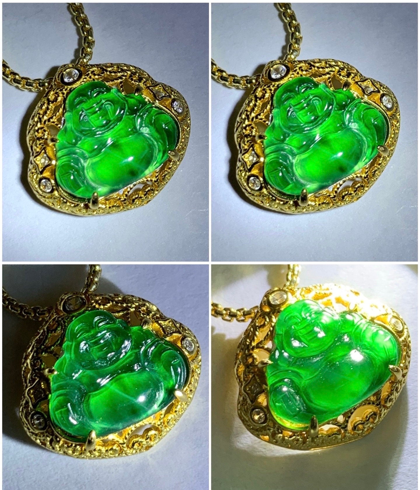 Natural Guatemalan Icy Highly Translucent Vibrant Green Jadeite Carved Buddha Pendant Sterling Silver Yellow Gold Overlay 天然冰危阳绿翡翠佛公镶嵌吊坠