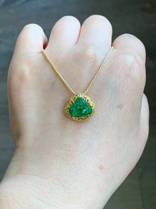 Natural Guatemalan Icy Highly Translucent Vibrant Green Jadeite Carved Buddha Pendant Sterling Silver Yellow Gold Overlay 天然冰危阳绿翡翠佛公镶嵌吊坠
