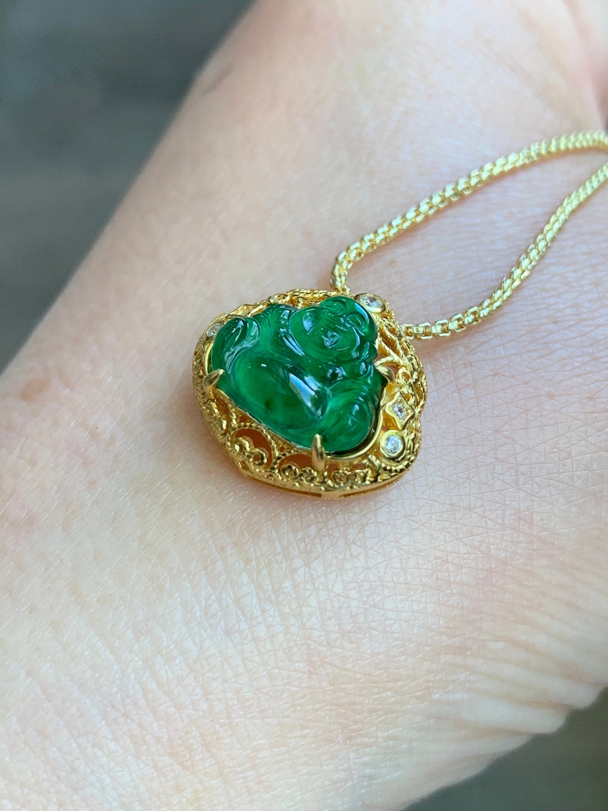 Natural Guatemalan Icy Highly Translucent Vibrant Green Jadeite Carved Buddha Pendant Sterling Silver Yellow Gold Overlay 天然冰危阳绿翡翠佛公镶嵌吊坠