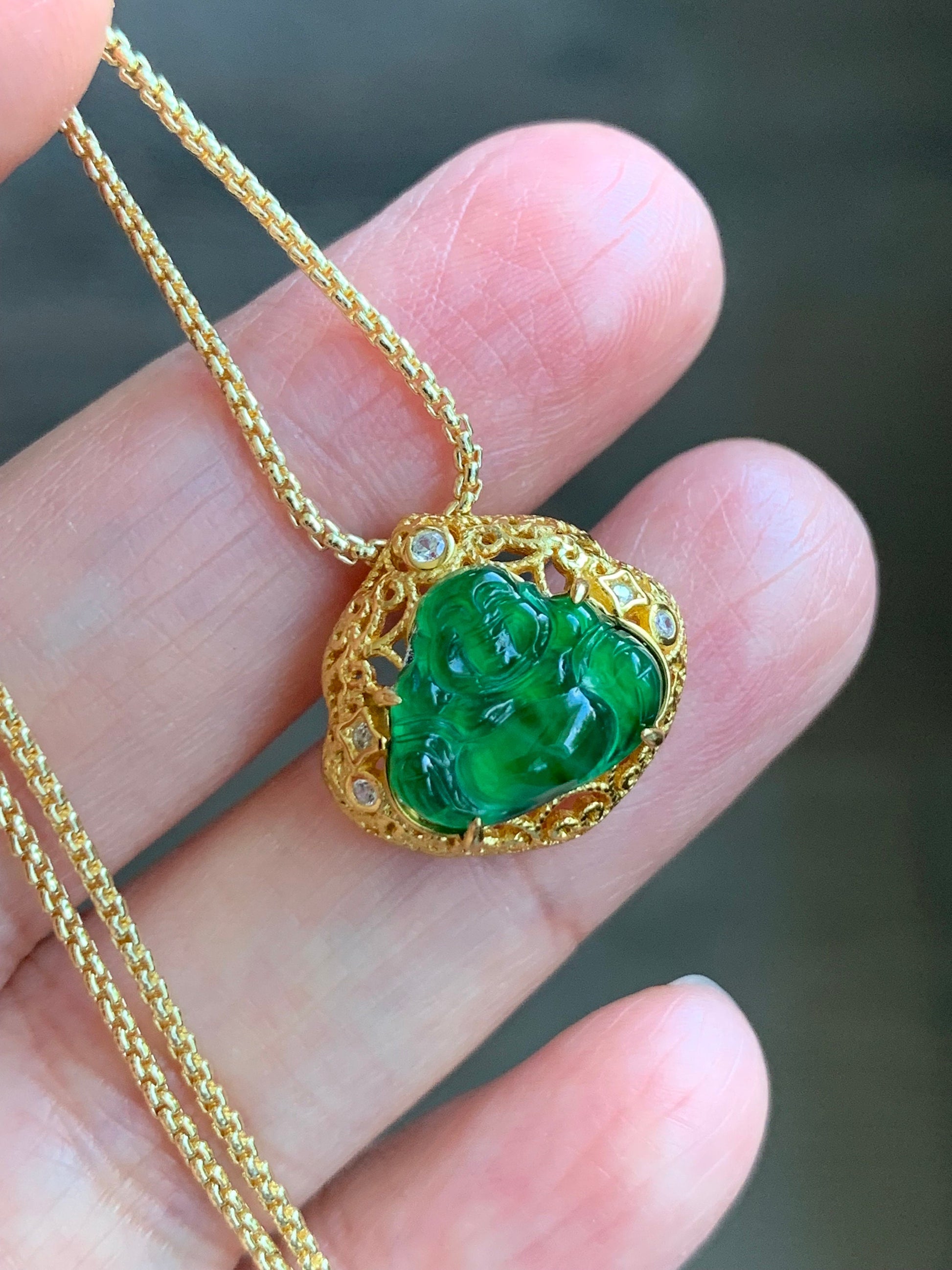 Natural Guatemalan Icy Highly Translucent Vibrant Green Jadeite Carved Buddha Pendant Sterling Silver Yellow Gold Overlay 天然冰危阳绿翡翠佛公镶嵌吊坠