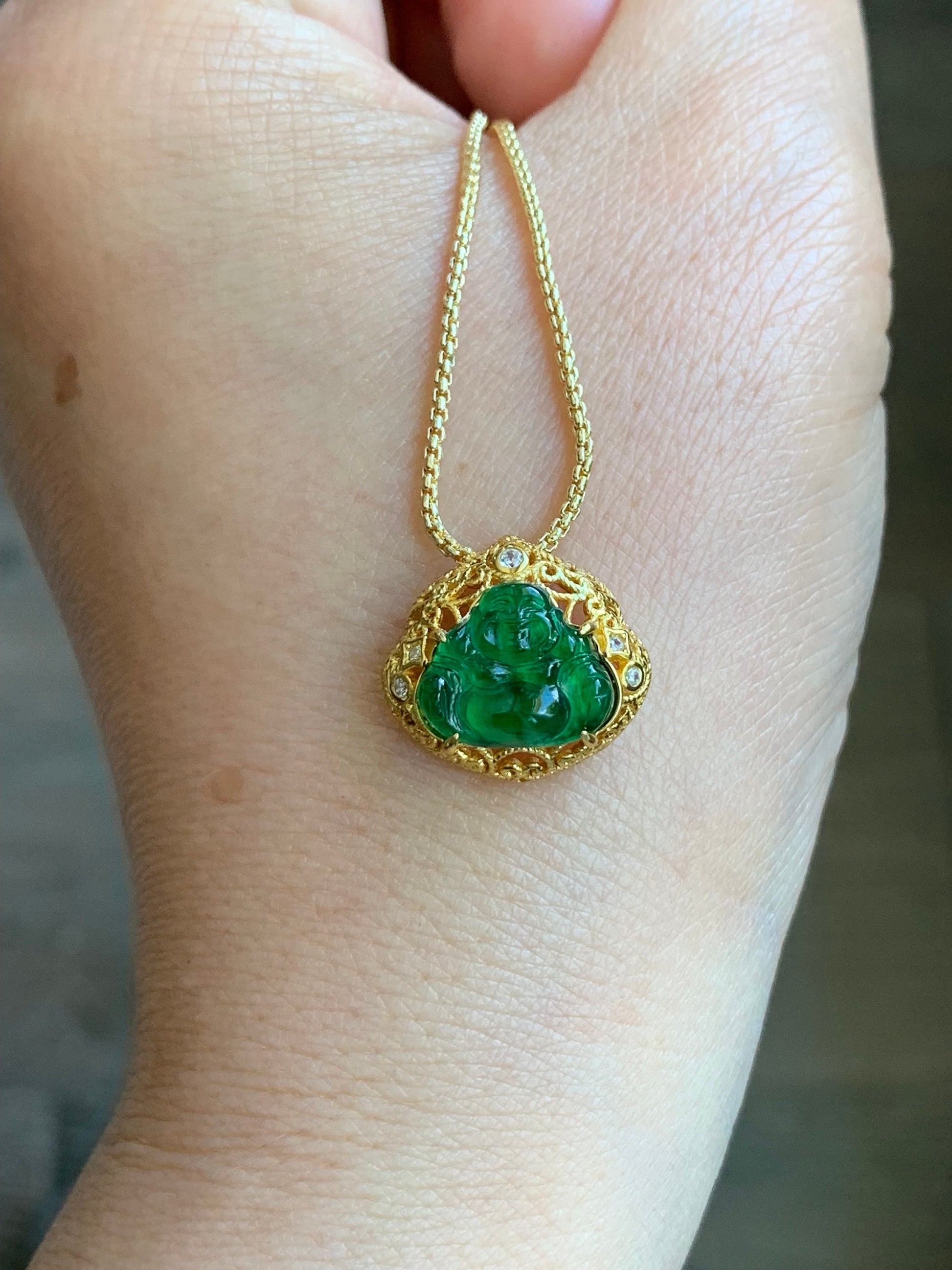 Natural Guatemalan Icy Highly Translucent Vibrant Green Jadeite Carved Buddha Pendant Sterling Silver Yellow Gold Overlay 天然冰危阳绿翡翠佛公镶嵌吊坠