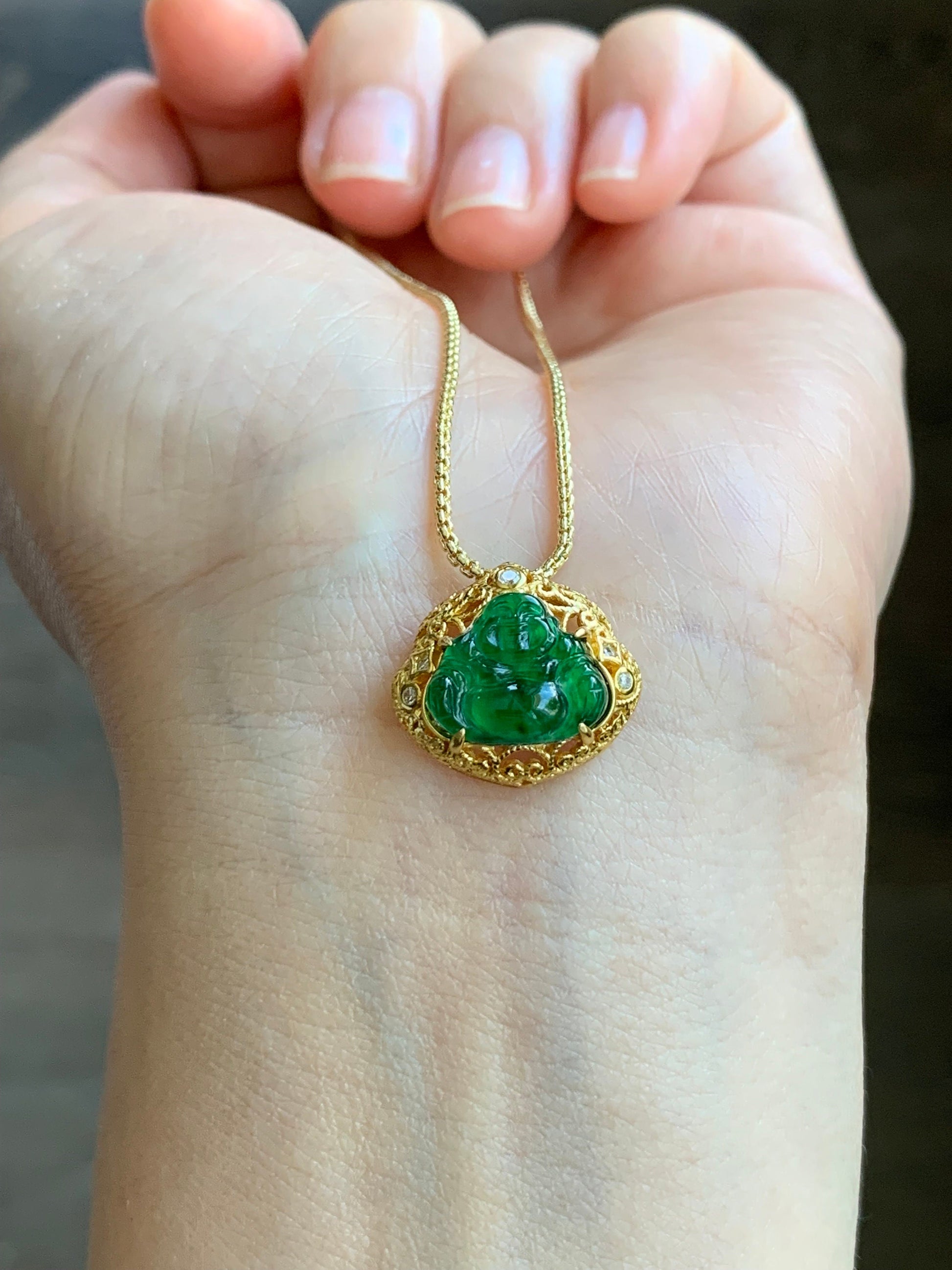 Natural Guatemalan Icy Highly Translucent Vibrant Green Jadeite Carved Buddha Pendant Sterling Silver Yellow Gold Overlay 天然冰危阳绿翡翠佛公镶嵌吊坠