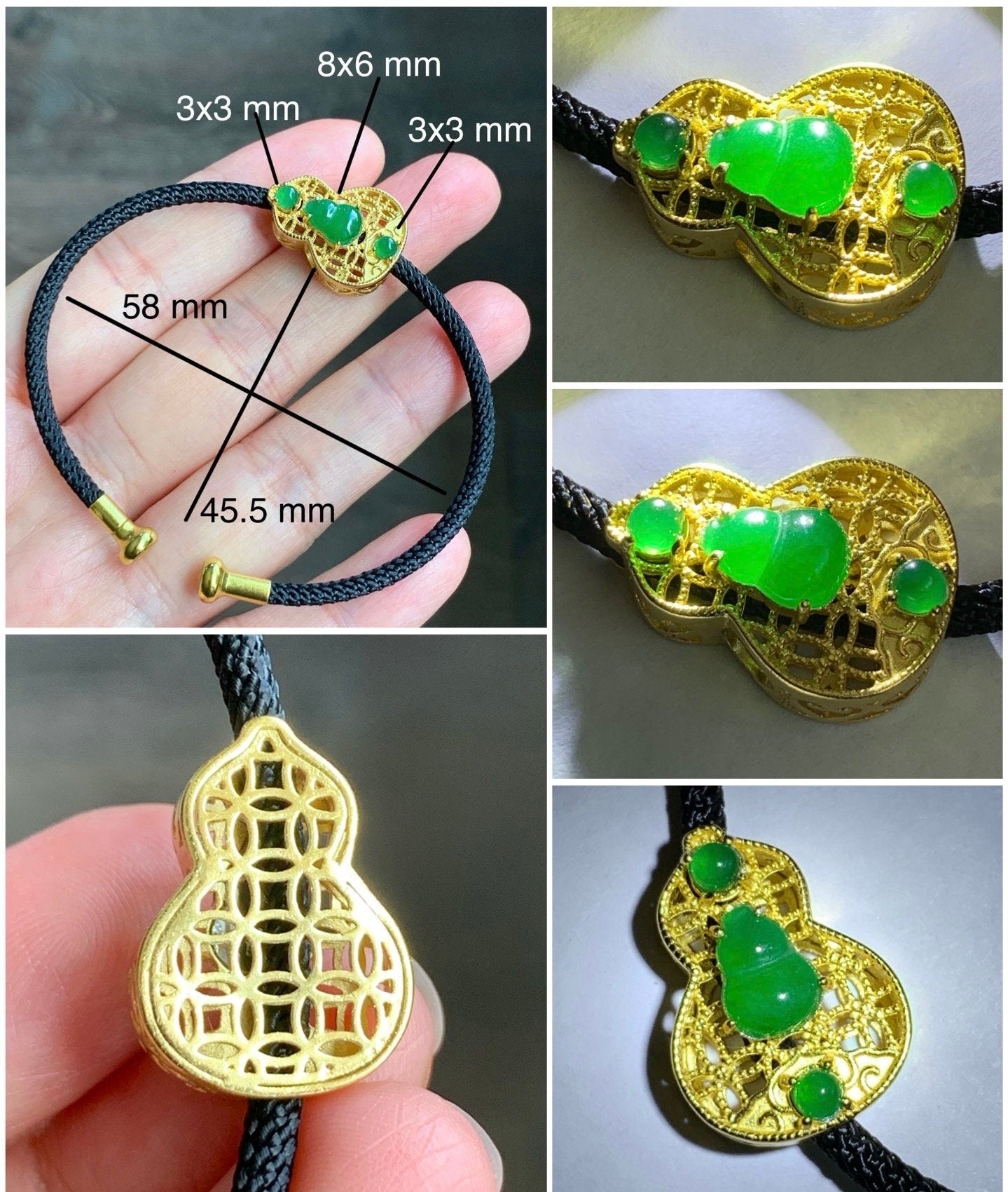 Natural Guatemalan Icy Translucent Vibrant Green Jadeite Gourd Hulu Sterling Silver Charm Wire Bracelet 7" Adjustable 天然冰危绿翡翠葫芦银镶潘多拉开口手镯