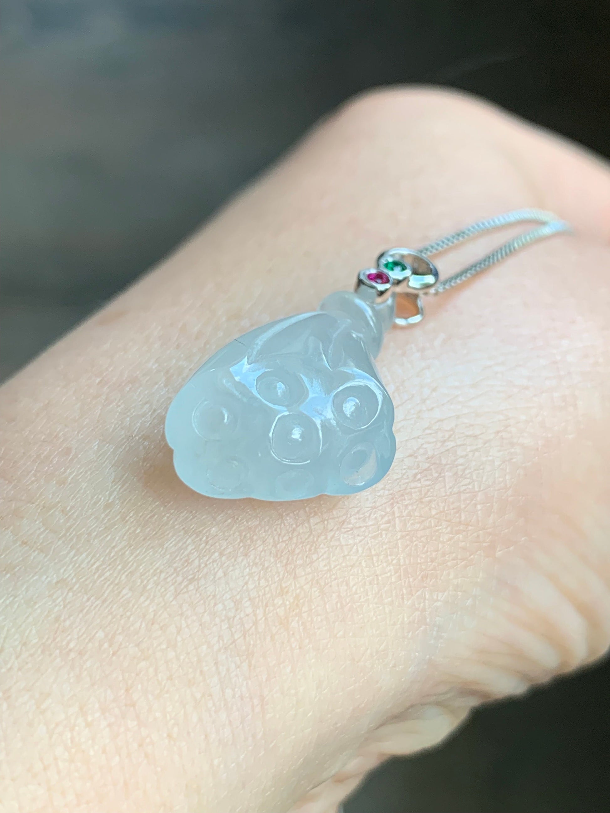 Certified Natural Burmese Icy Translucent Gelatinous White Jadeite Carved Lotus Pod Pendant 18K White Gold 天然缅甸白冰胶翡翠莲蓬镶嵌吊坠