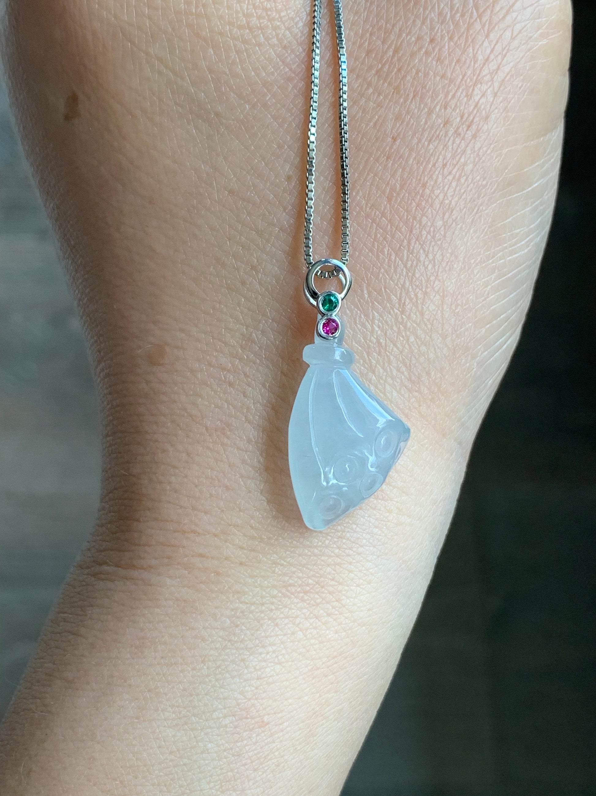 Certified Natural Burmese Icy Translucent Gelatinous White Jadeite Carved Lotus Pod Pendant 18K White Gold 天然缅甸白冰胶翡翠莲蓬镶嵌吊坠
