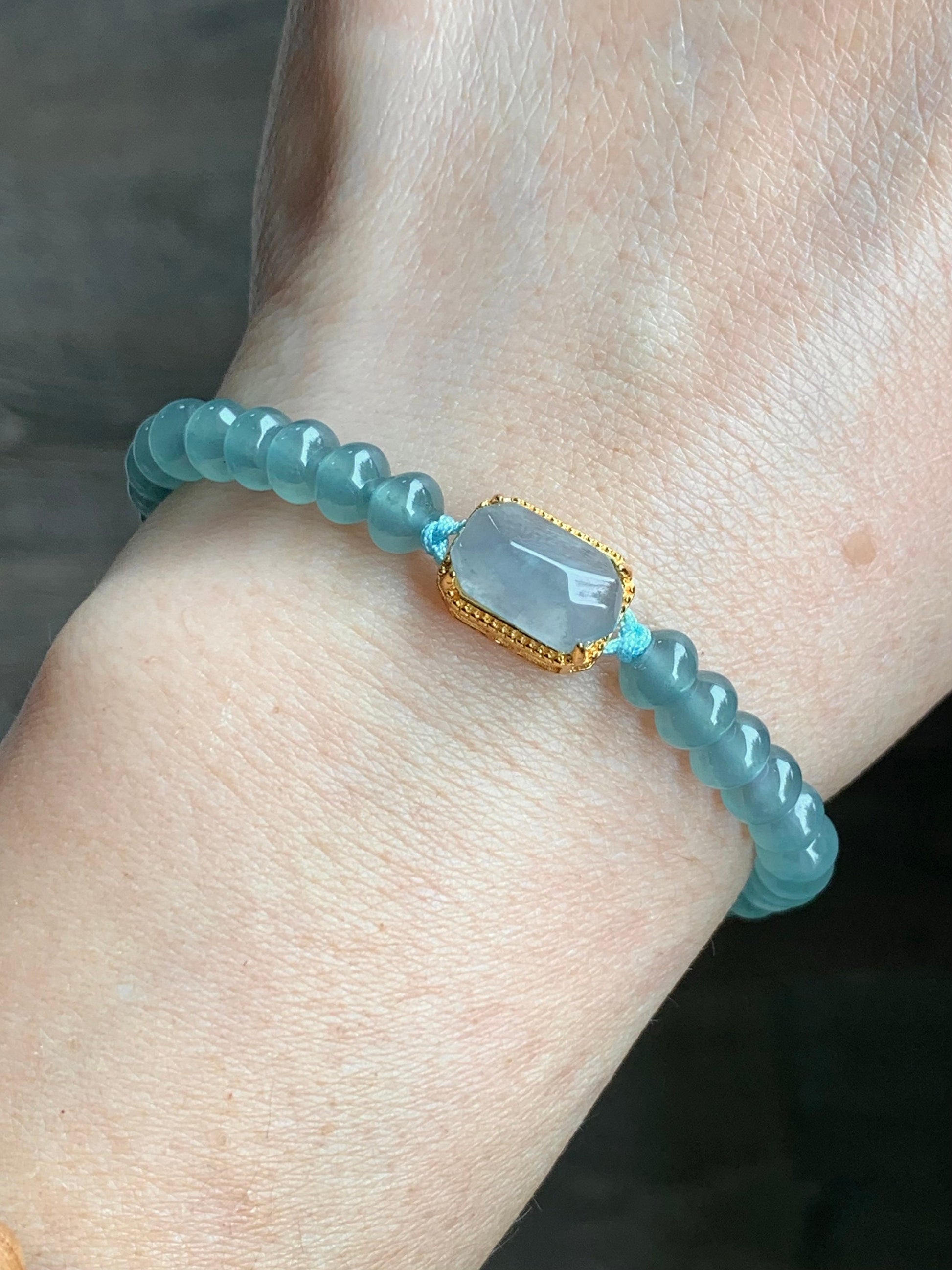 Natural Guatemalan Icy Highly Translucent Light Blue Faceted Jadeite Sterling Silver Charm Drum Beads Bracelet 6.75” 天然冰危浅蓝翡翠切割面蛋面鼓珠手串